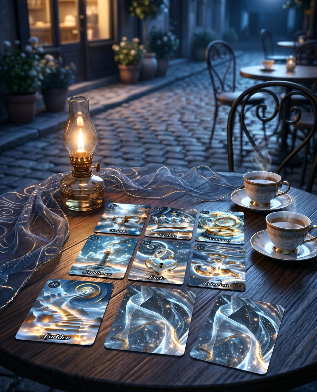 Cobblestone cafe table with Star Veil Extended Lenormand — Bridge, Compass, Lighthouse, Ladder bonus oracle cards, brass lamp and coffee, handmade MardocCraft