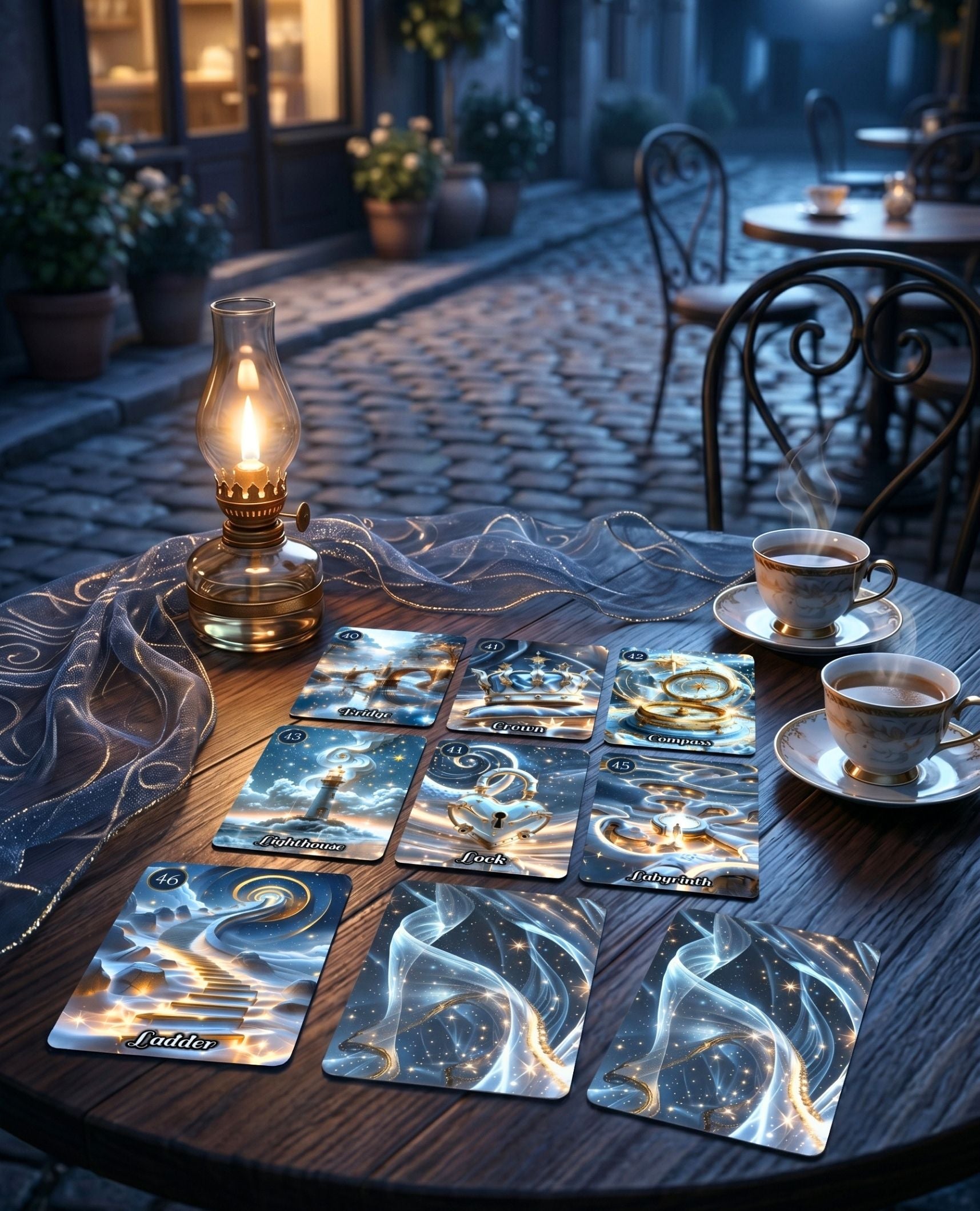 Cobblestone cafe table with Star Veil Extended Lenormand — Bridge, Compass, Lighthouse, Ladder bonus oracle cards, brass lamp and coffee, handmade MardocCraft