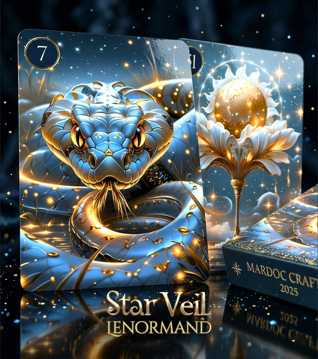 Close-up of Star Veil Lenormand Snake card 7 — glowing blue and gold volumetric oracle art, dark cartomancy deck handmade MardocCraft