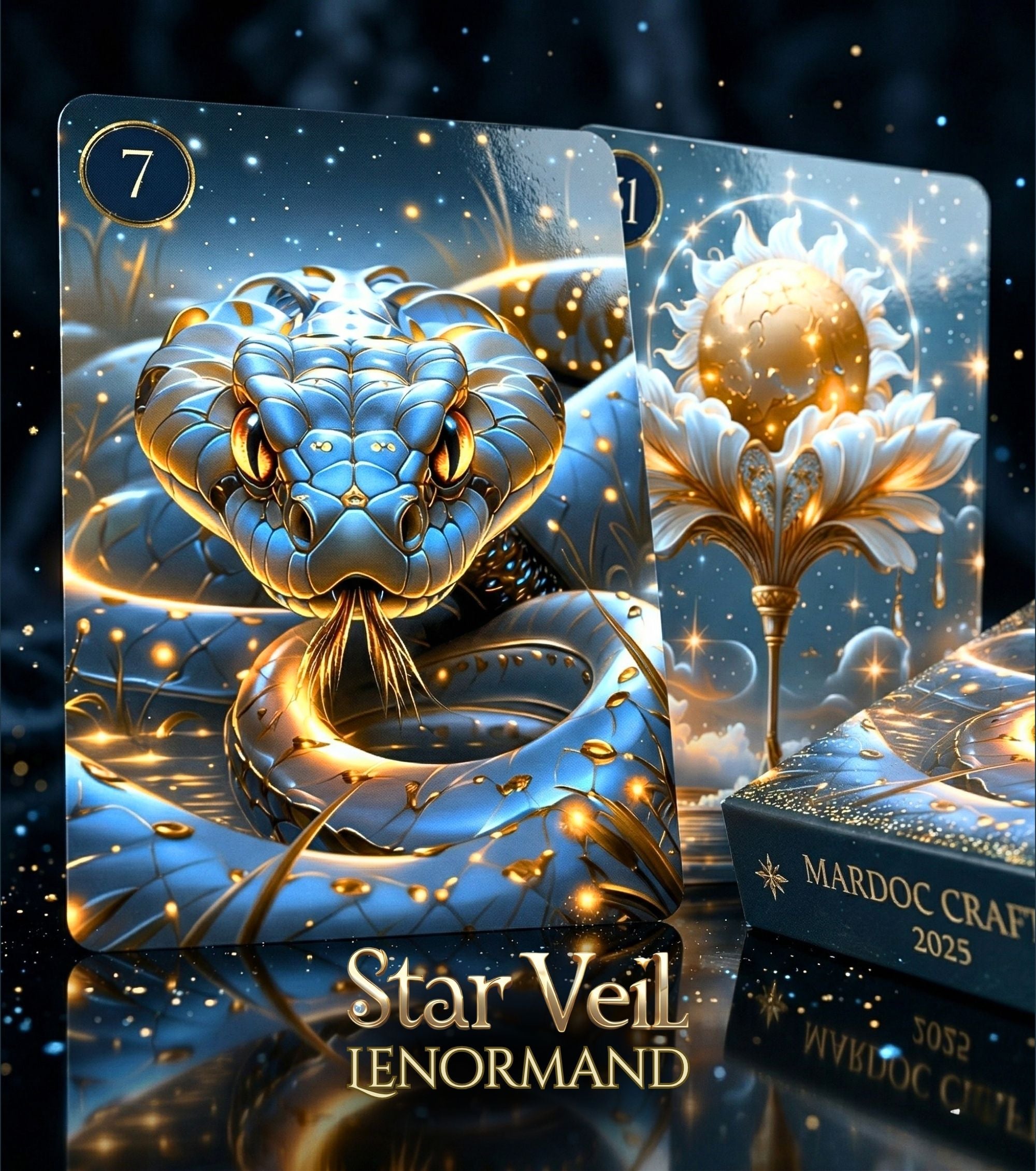 Close-up of Star Veil Lenormand Snake card 7 — glowing blue and gold volumetric oracle art, dark cartomancy deck handmade MardocCraft