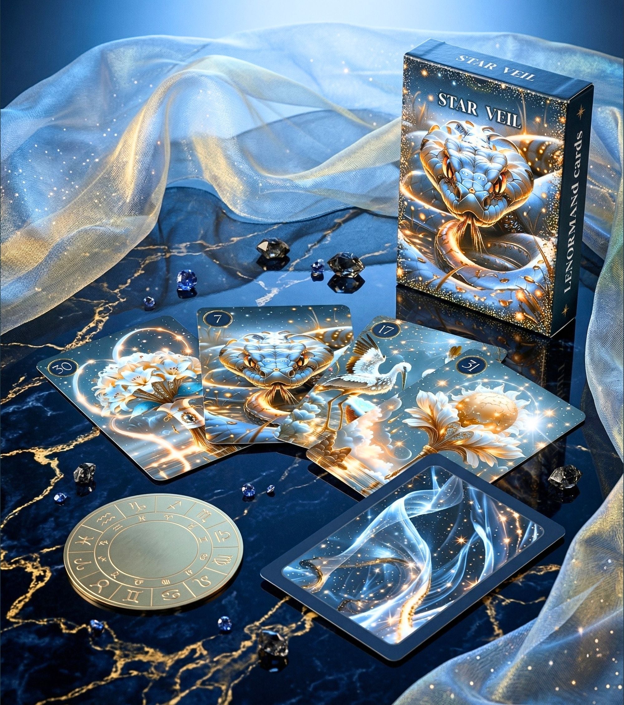 Silk veil draped over Star Veil Lenormand cards — Snake, Storks, Sun, Lilies on blue marble with zodiac coin and crystals, handmade oracle MardocCraft