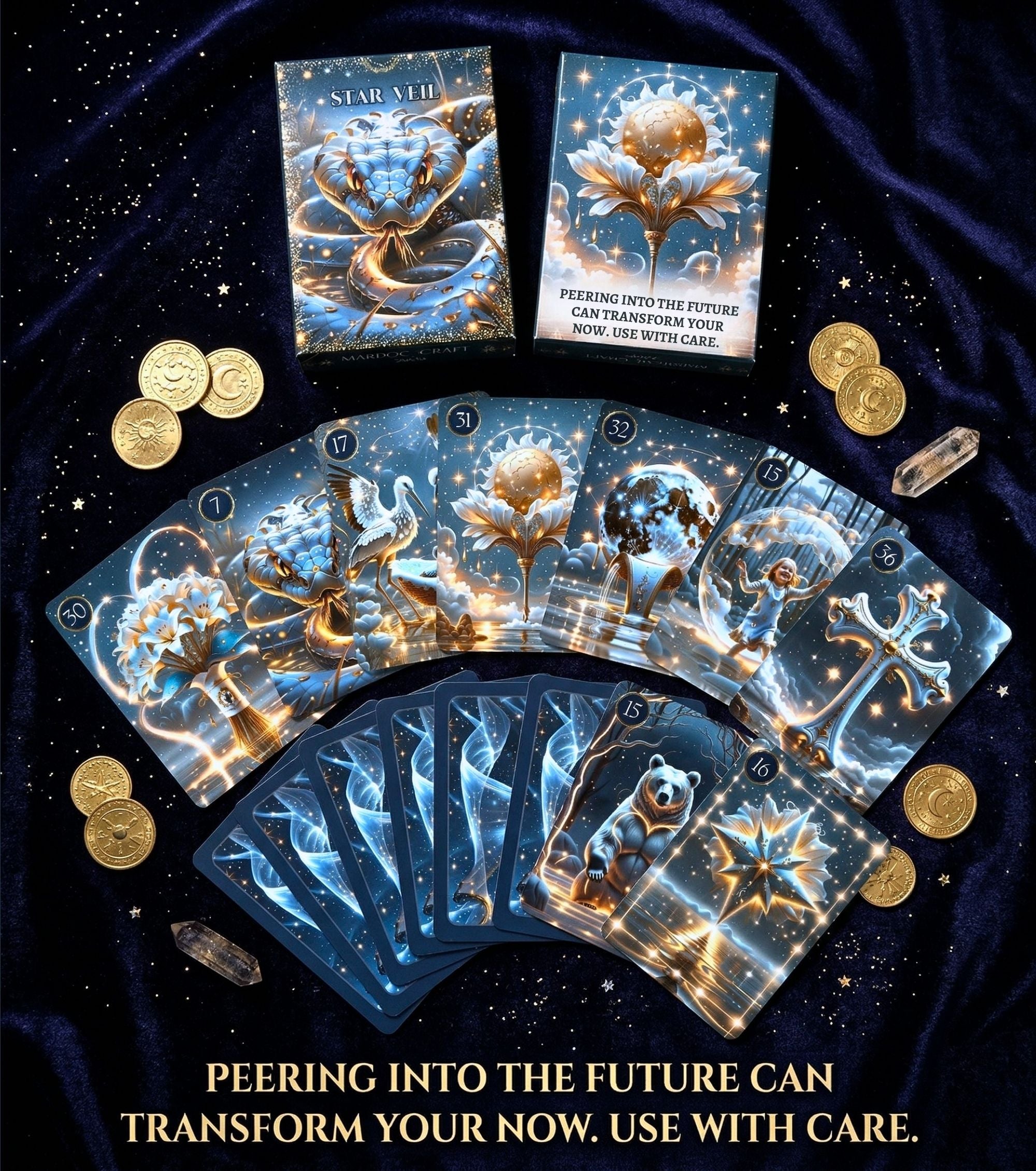 Full fan of Star Veil Lenormand 36 cards for Grand Tableau — Sun, Moon, Bear, Cross on navy velvet with gold coins and crystals, dark oracle MardocCraft