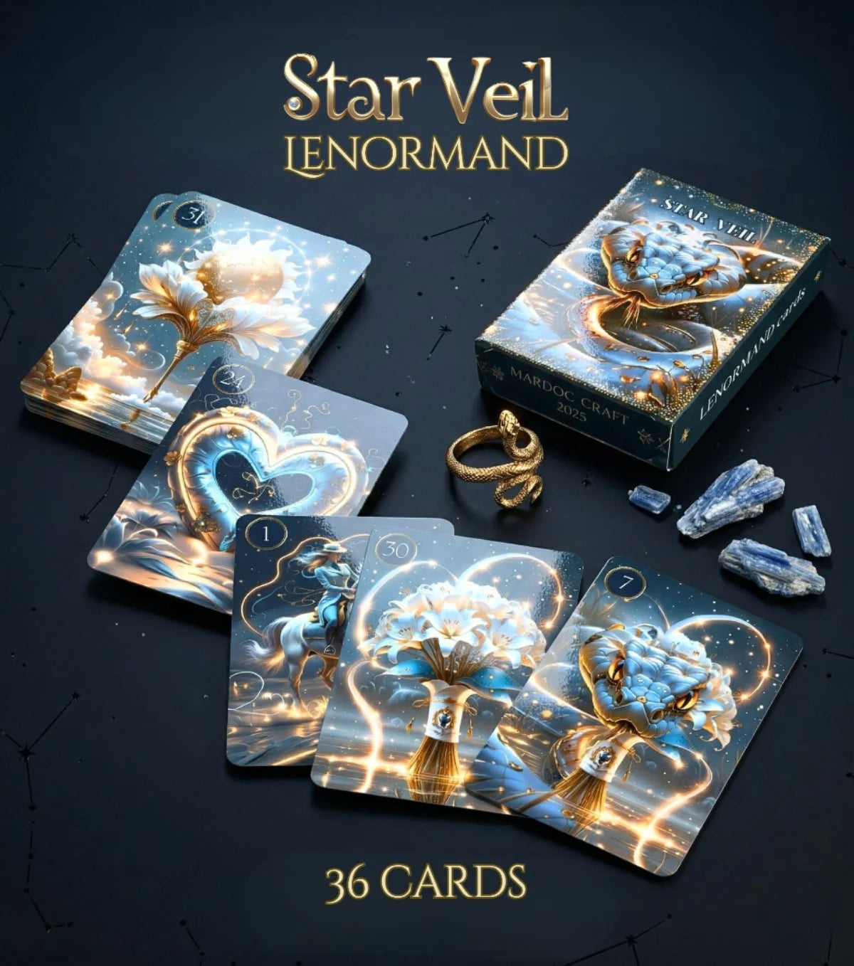 Star Veil Lenormand 36 cards — Lilies, Heart, Snake oracle deck with artisan box, gold snake ring and kyanite crystals, handmade dark oracle MardocCraft