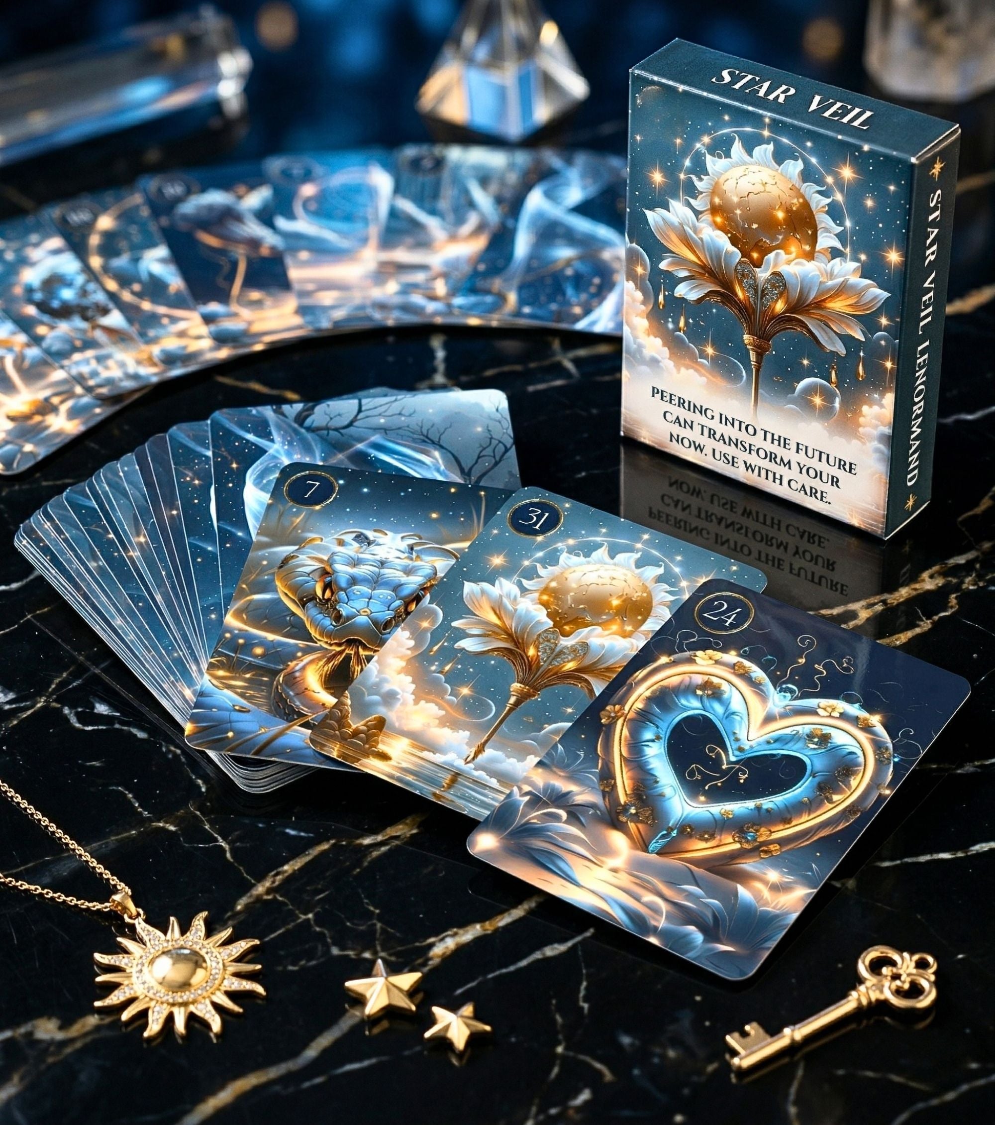 Dark marble altar with Star Veil Lenormand box and Snake, Lilies, Heart cards — gold sun pendant, star and key, handmade dark oracle MardocCraft