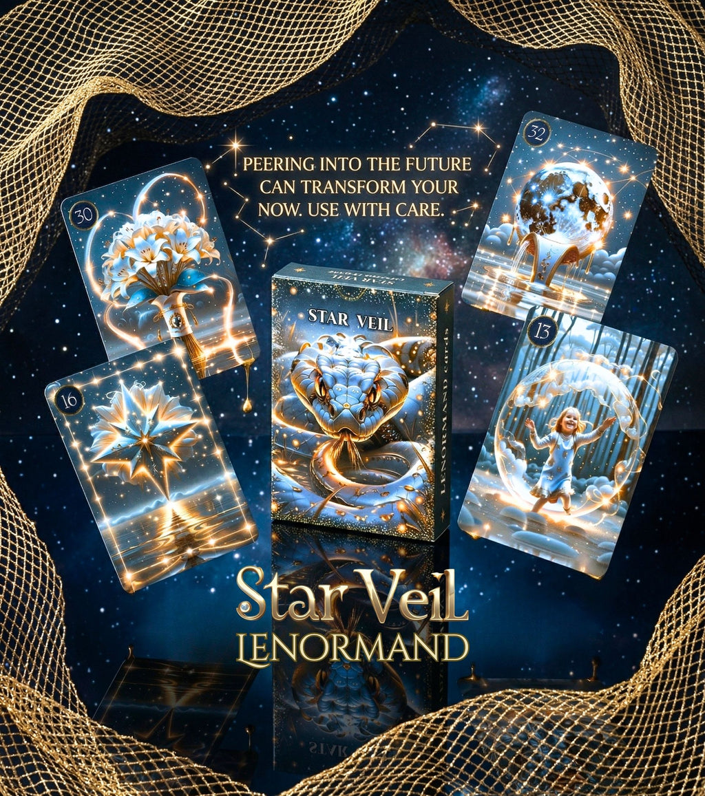 Gold mesh frame with Star Veil Lenormand box and Lilies, Star, Moon, Child cards — glowing blue gold oracle, handmade cartomancy deck MardocCraft