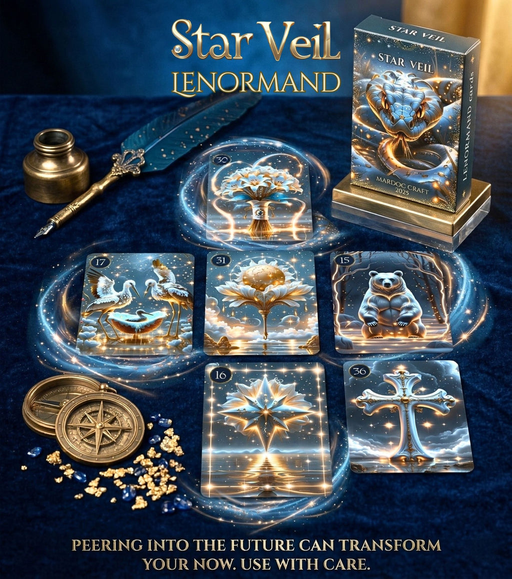 Glowing card spread of Star Veil Lenormand — Storks, Sun, Bear, Star, Cross on blue velvet with quill and compass, dark oracle MardocCraft