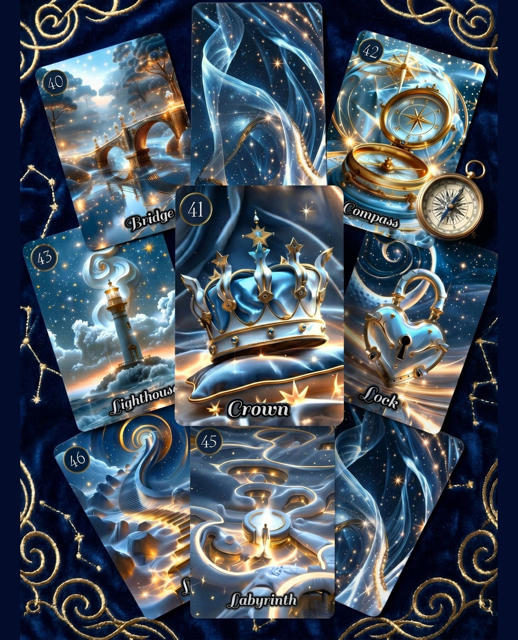 Six bonus oracle cards of Star Veil Extended Lenormand — Bridge, Crown, Compass, Lighthouse, Lock, Labyrinth on blue velvet, handmade cartomancy MardocCraft