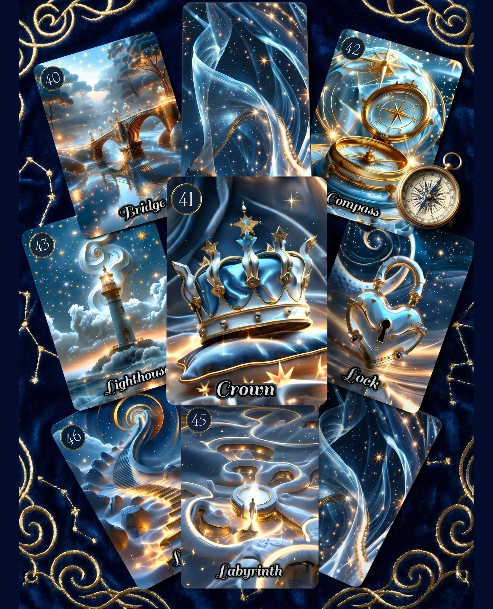 Six bonus oracle cards of Star Veil Extended Lenormand — Bridge, Crown, Compass, Lighthouse, Lock, Labyrinth on blue velvet, handmade cartomancy MardocCraft
