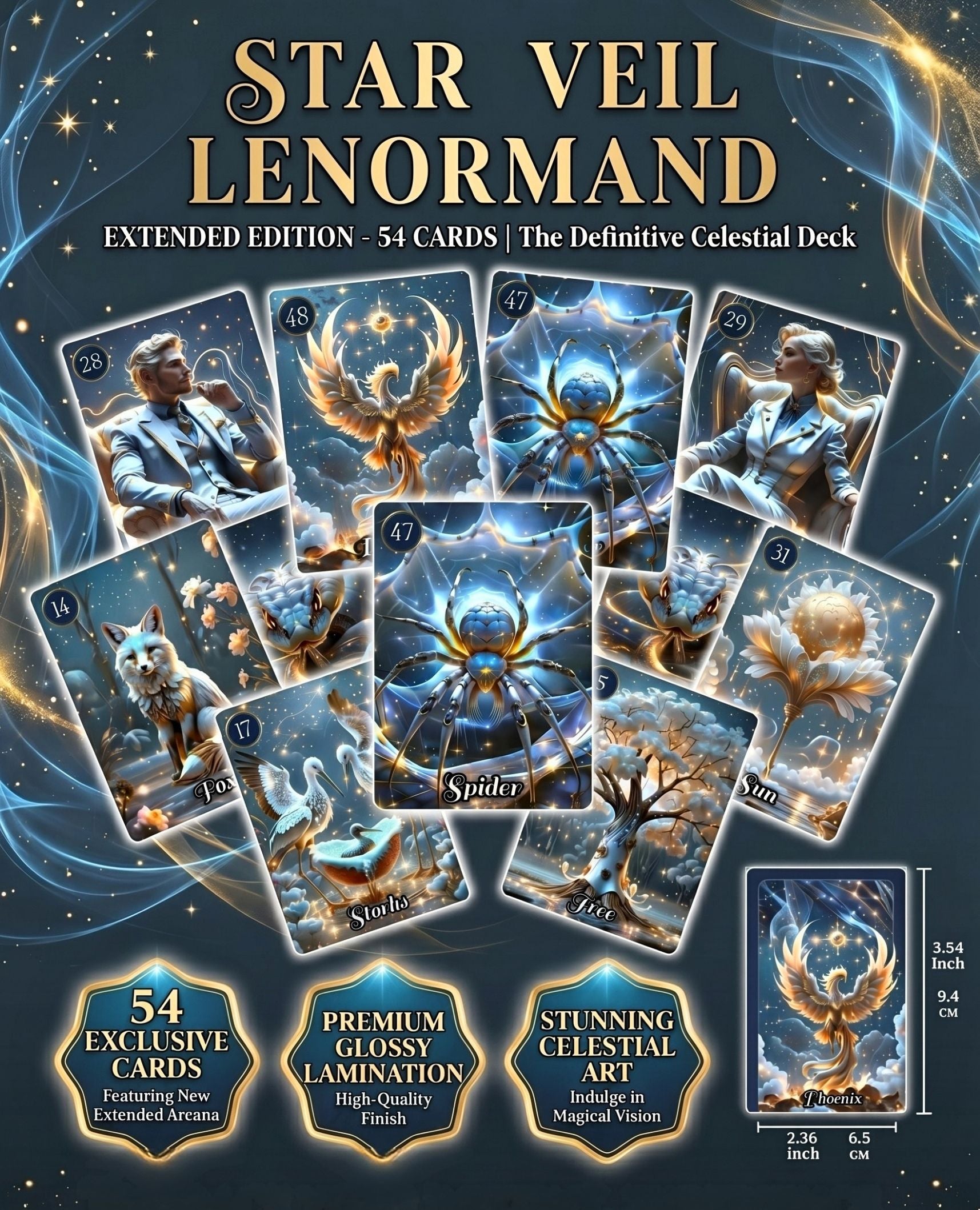 Star Veil Extended Lenormand 54 oracle cards fan — Man, Woman, Phoenix, Spider bonus cards with size 94×65mm and glossy lamination, handmade MardocCraft