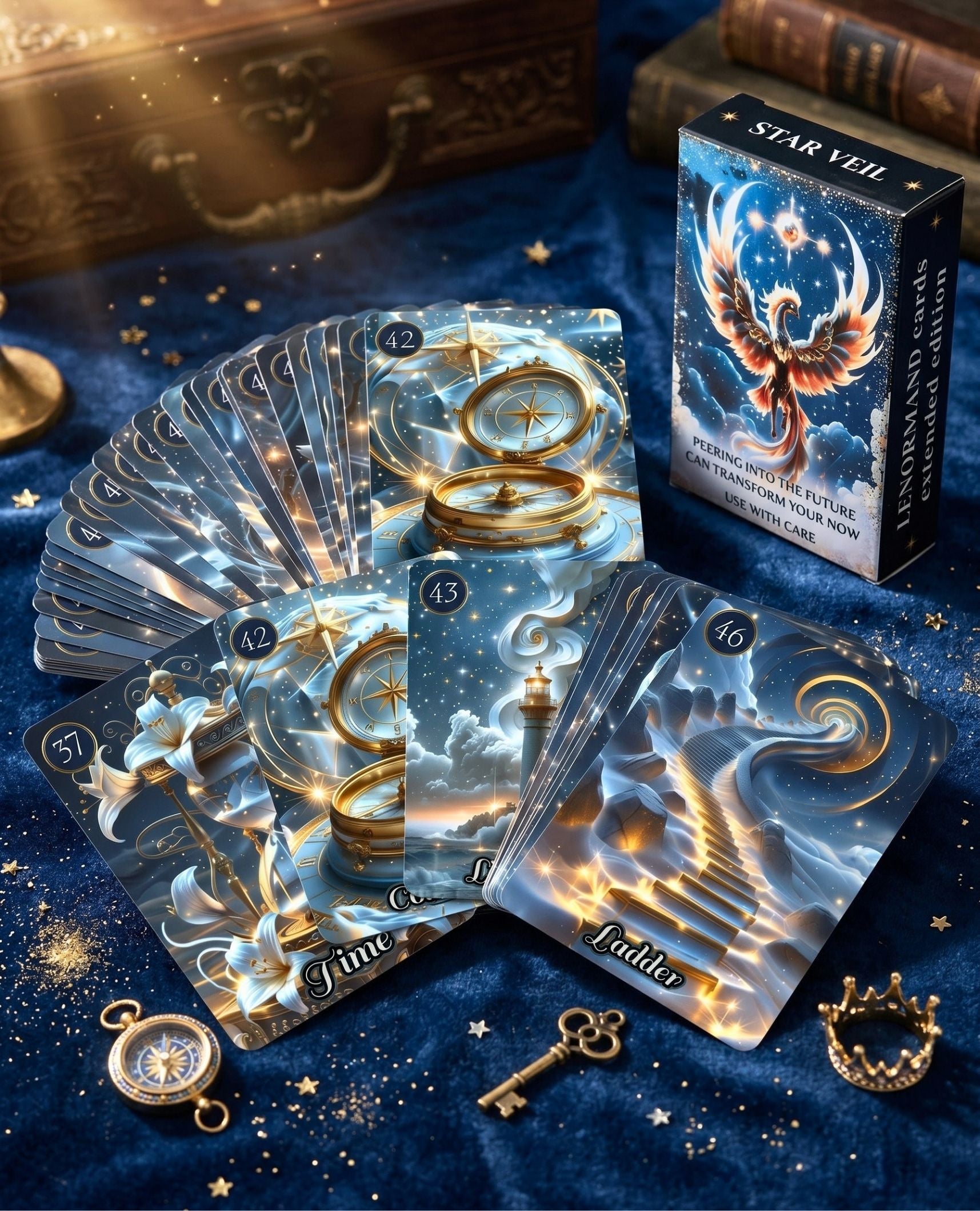 Fan of Star Veil Extended Lenormand bonus cards — Compass, Lighthouse, Time, Ladder on blue velvet with gold crown and key, handmade oracle MardocCraft