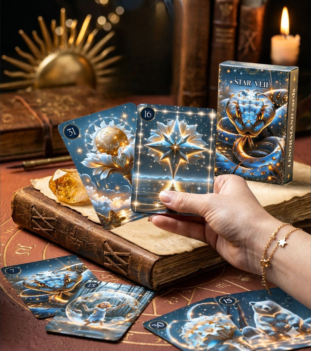 Hand with star bracelet holding Star Veil Lenormand Sun and Star cards — vintage grimoire, citrine crystal and candle, handmade dark oracle MardocCraft