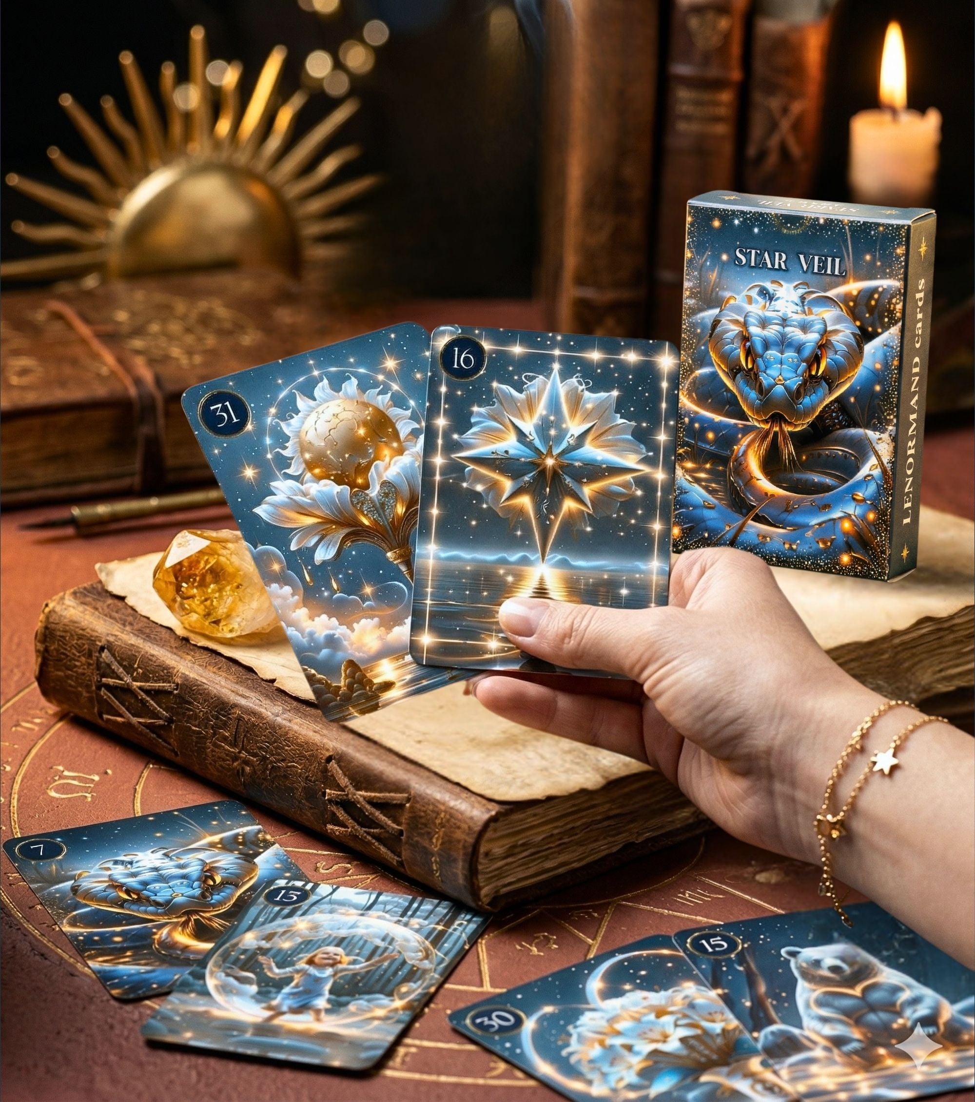 Hand with star bracelet holding Star Veil Lenormand Sun and Star cards — vintage grimoire, citrine crystal and candle, handmade dark oracle MardocCraft