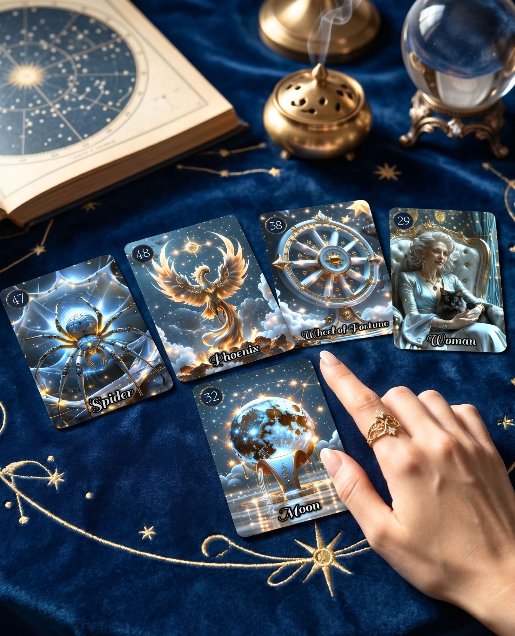Hand pointing to Star Veil Extended Lenormand Moon card — Spider, Phoenix, Wheel of Fortune on blue velvet with crystal ball, oracle cartomancy MardocCraft