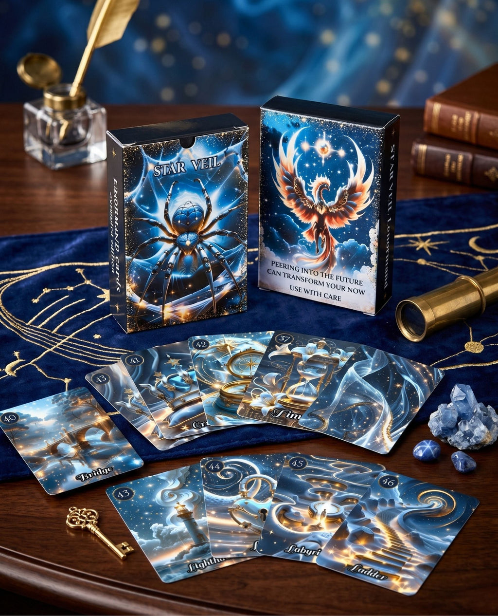 Two Star Veil Extended Lenormand boxes — Bridge, Compass, Lighthouse, Ladder bonus cards on blue velvet with brass telescope and key, oracle MardocCraft
