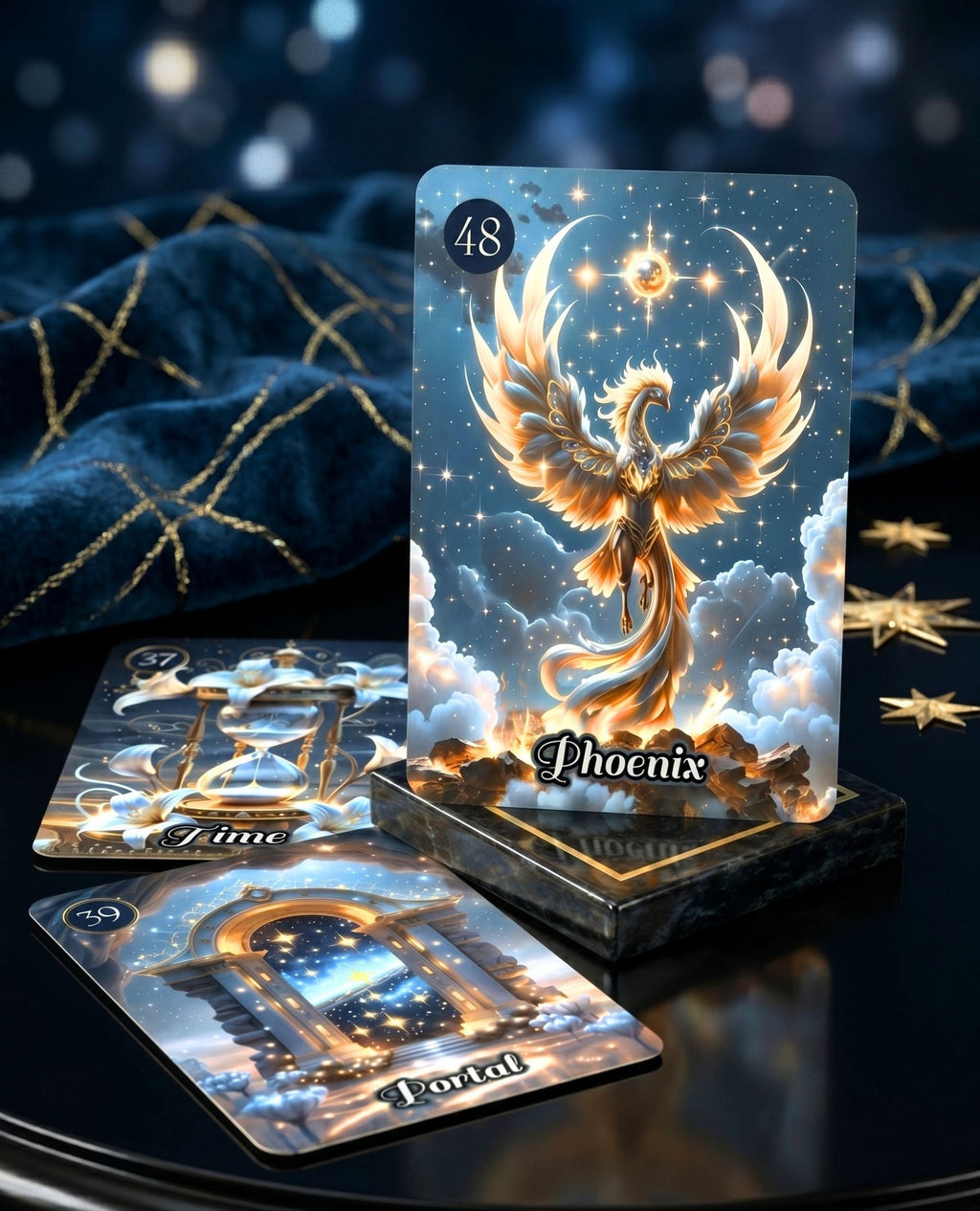 Phoenix bonus card 48 from Star Veil Extended Lenormand — golden wings and crescent moon, Time and Portal cards, dark oracle cartomancy MardocCraft