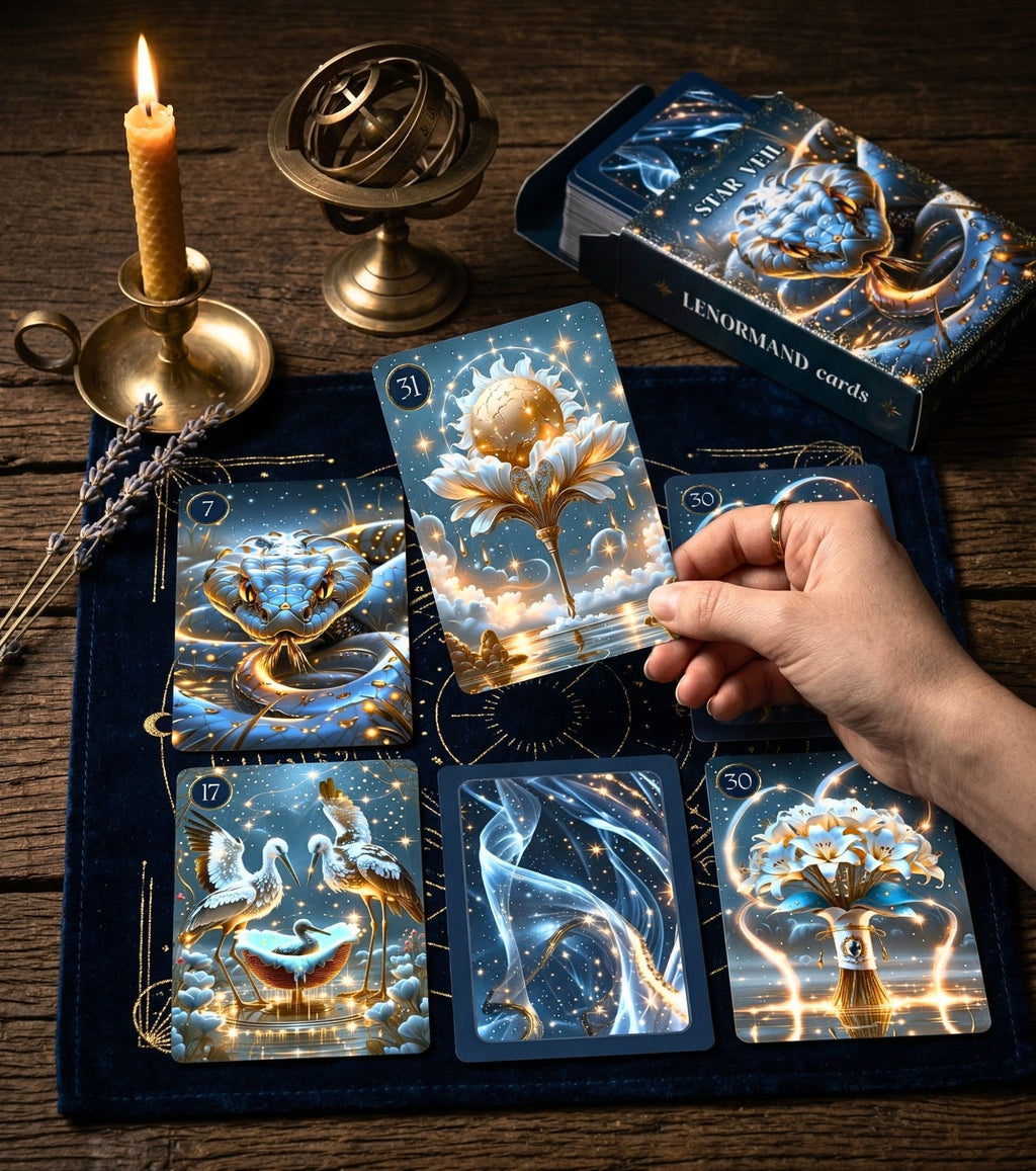 Hand drawing Sun card from Star Veil Lenormand spread — Snake, Storks, Lilies on blue velvet mat, candle and armillary sphere, dark oracle MardocCraft