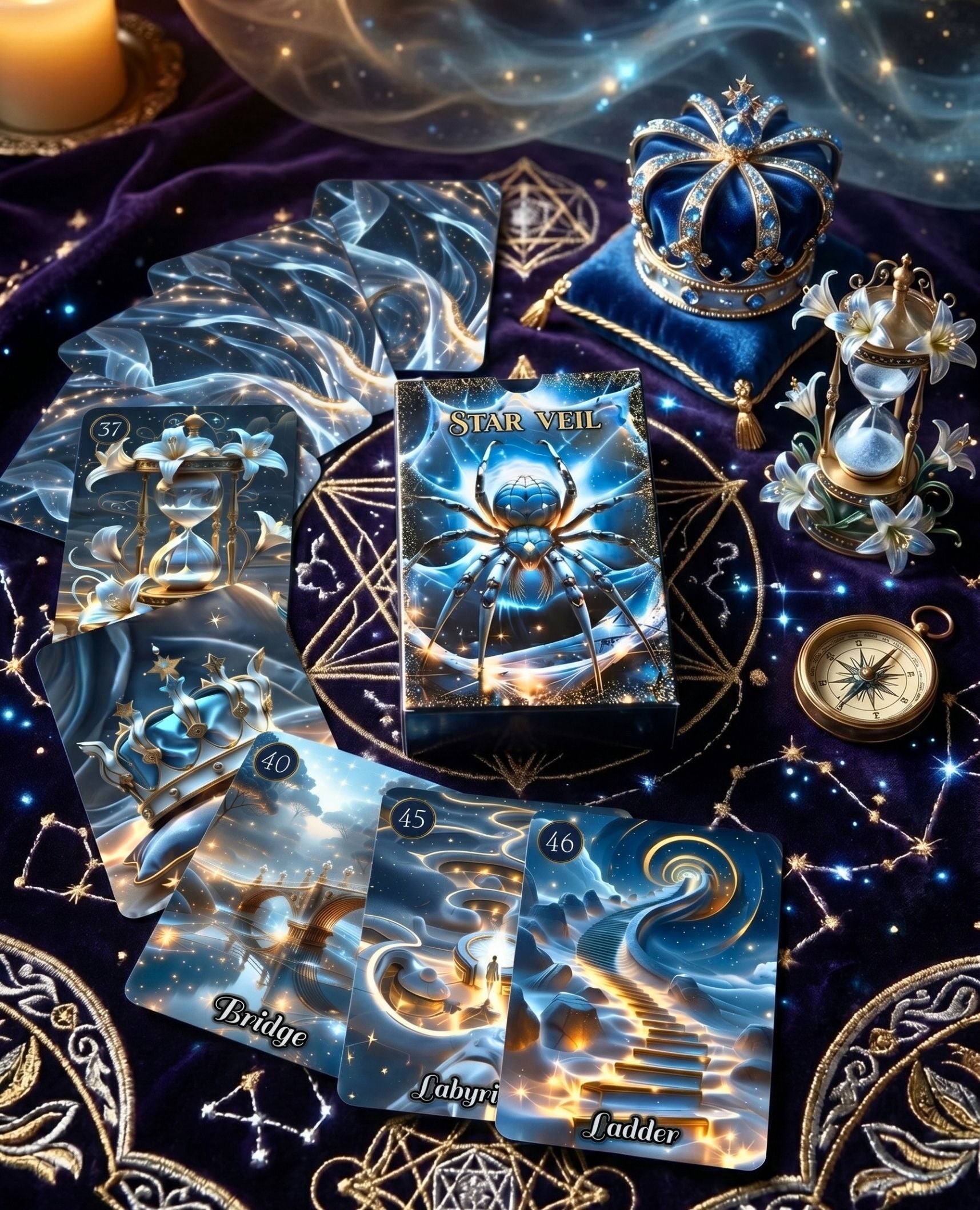 Purple altar with Star Veil Extended Lenormand bonus cards — Bridge, Labyrinth, Ladder, Spider with jeweled crown and gold compass, oracle MardocCraft