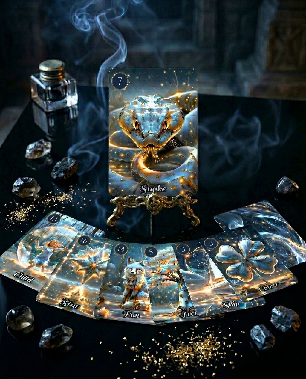 Gold stand with Star Veil Extended Lenormand Snake card 7 — Child, Star, Fox, Ship, Clover fan below, incense smoke and crystals, shadow work oracle MardocCraft