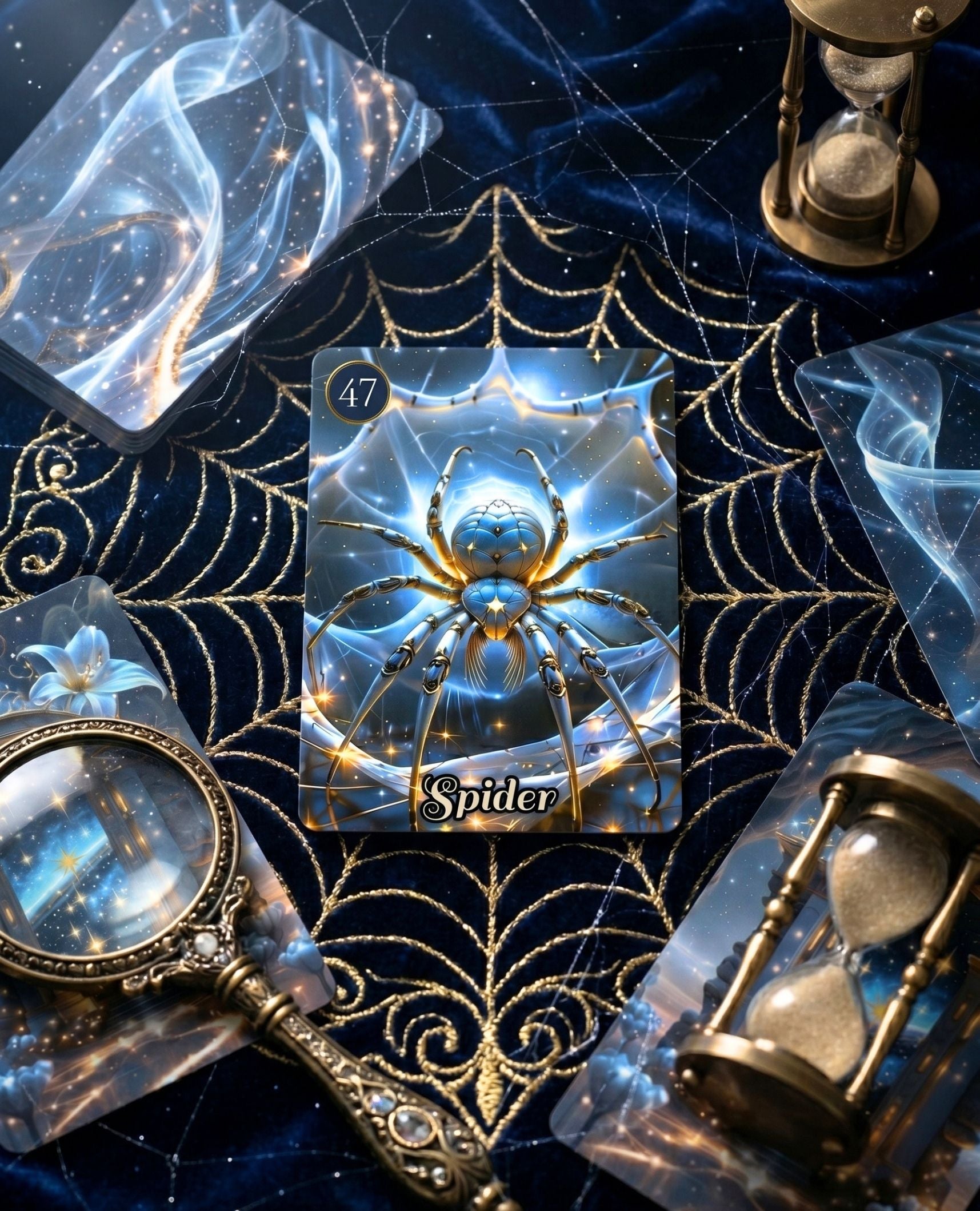 Close-up of Star Veil Extended Lenormand Spider bonus card 47 — gold web, brass magnifying glass and hourglass, shadow work oracle MardocCraft