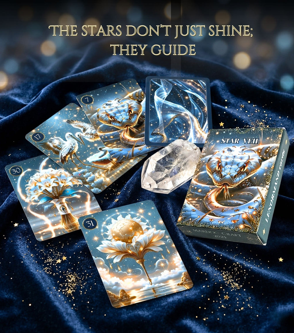 Velvet night setting with Star Veil Lenormand Snake, Storks, Bouquet, Sun cards — clear quartz crystal and artisan box, handmade cartomancy oracle MardocCraft