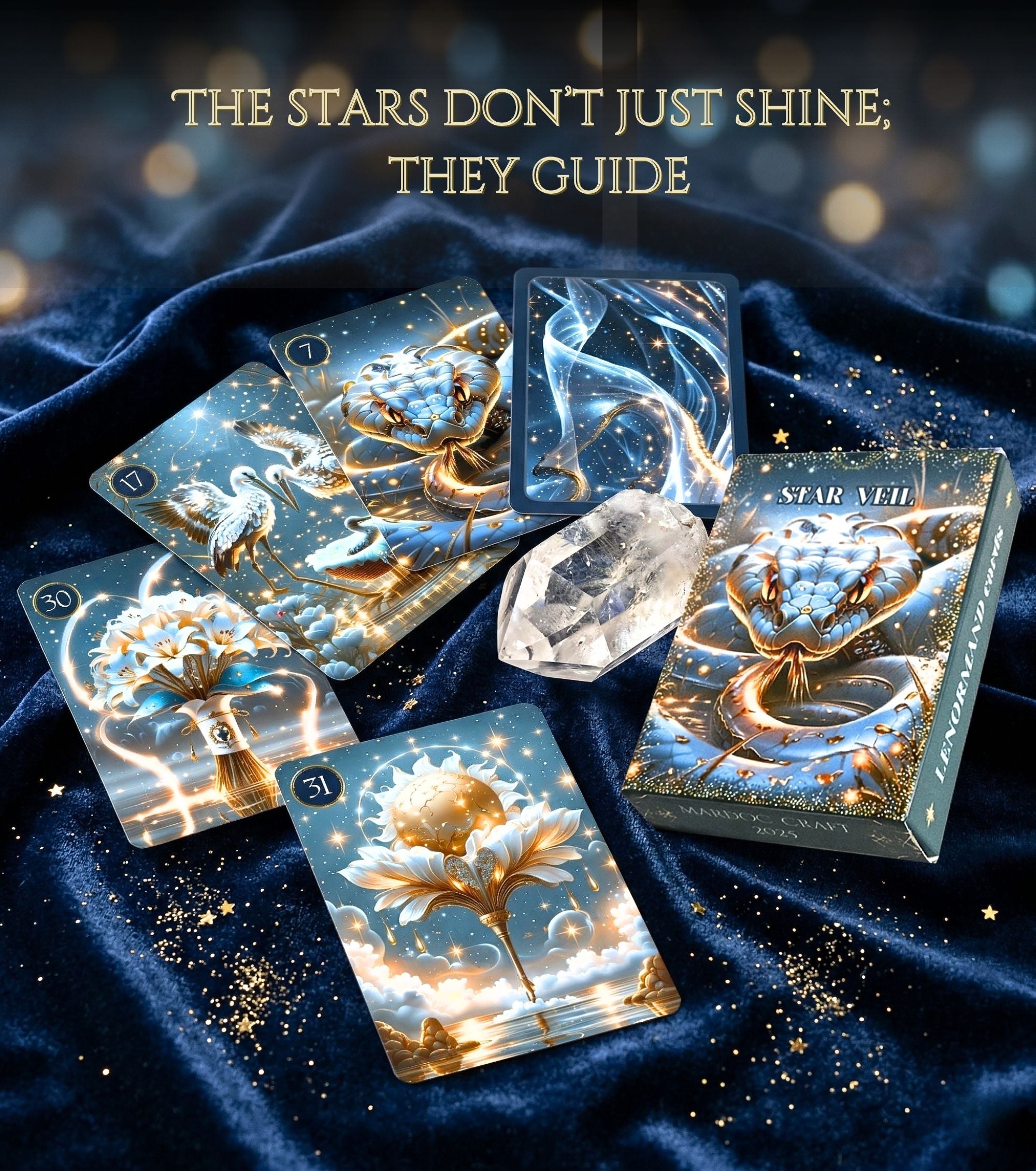 Velvet night setting with Star Veil Lenormand Snake, Storks, Bouquet, Sun cards — clear quartz crystal and artisan box, handmade cartomancy oracle MardocCraft