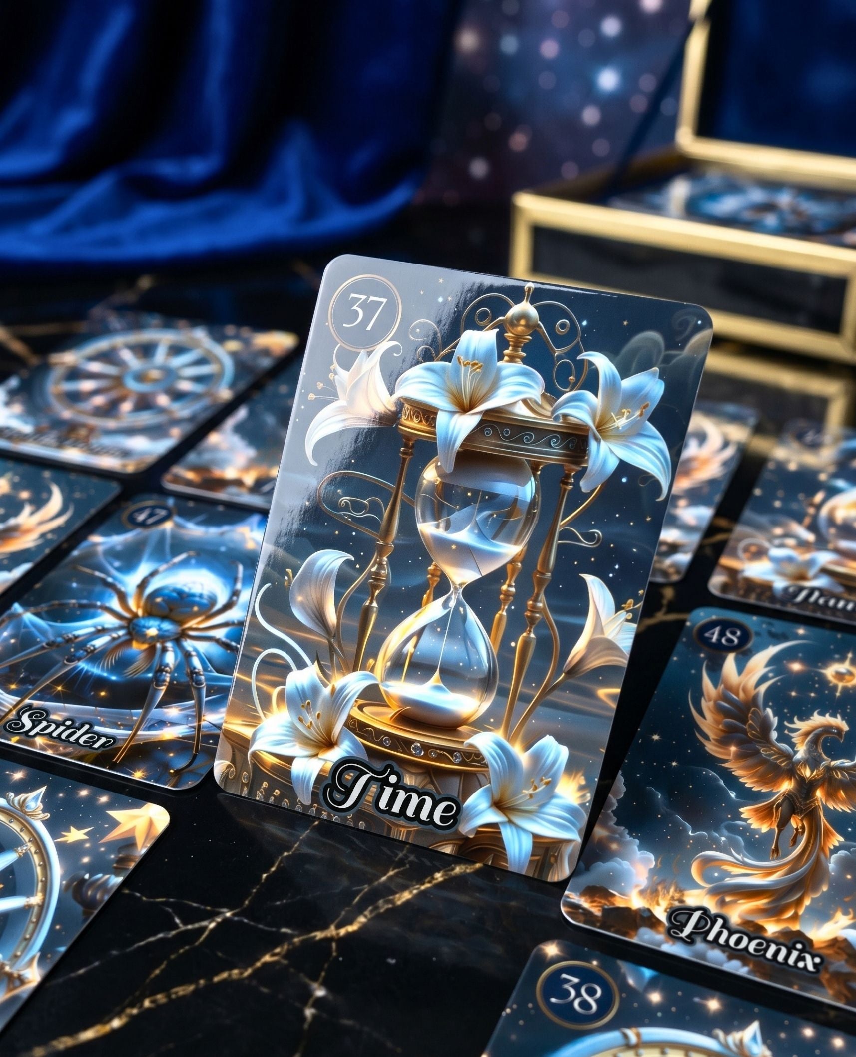 Detail of Star Veil Extended Lenormand Time card 37 — glossy lamination, hourglass and white lily artwork, Spider and Phoenix bonus cards, oracle MardocCraft