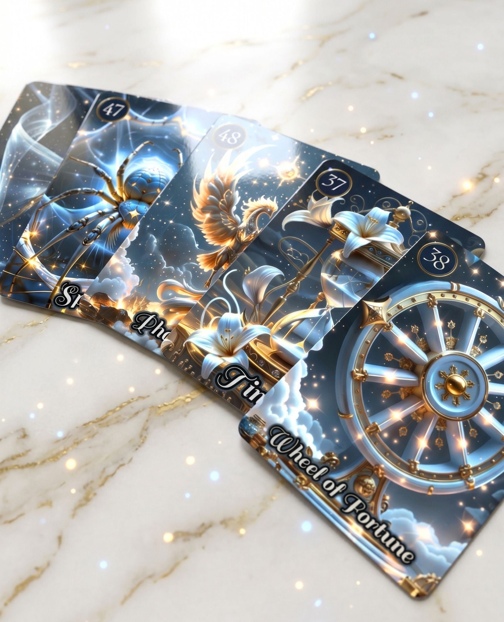 White marble spread of Star Veil Extended Lenormand — Wheel of Fortune, Spider, Phoenix, Time bonus oracle cards, glossy lamination, handmade MardocCraft