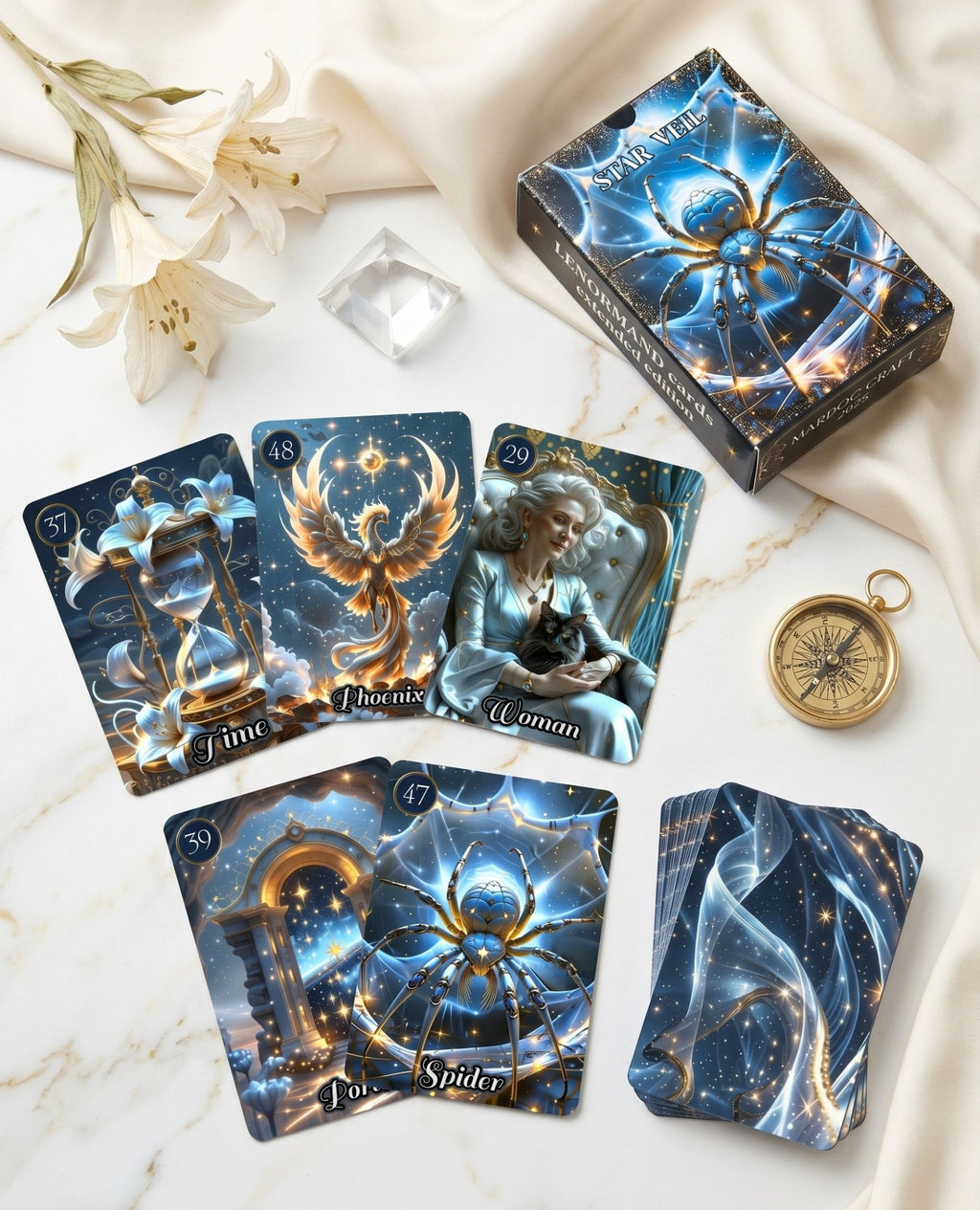 White linen flat lay with Star Veil Extended Lenormand — Time, Phoenix, Woman, Portal, Spider cards, brass compass and white lilies, oracle MardocCraft