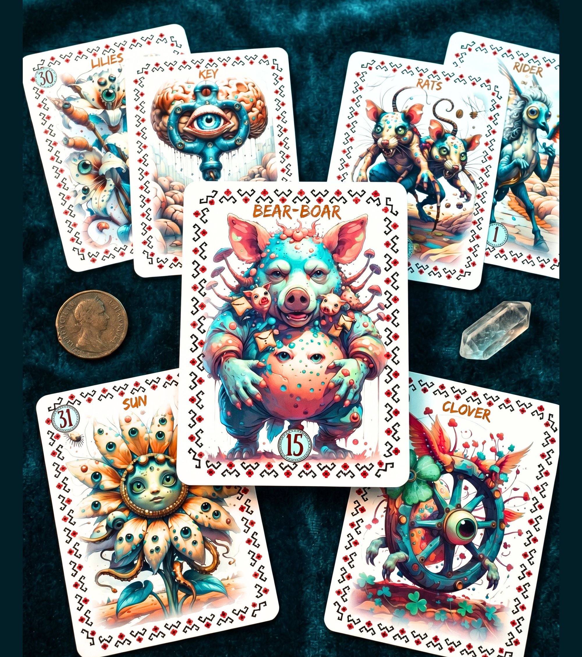 Bear-Boar card center spread with Lilies Key Rats Rider Sun Clover — Magical Brainrot Lenormand quirky monster oracle cards on teal velvet