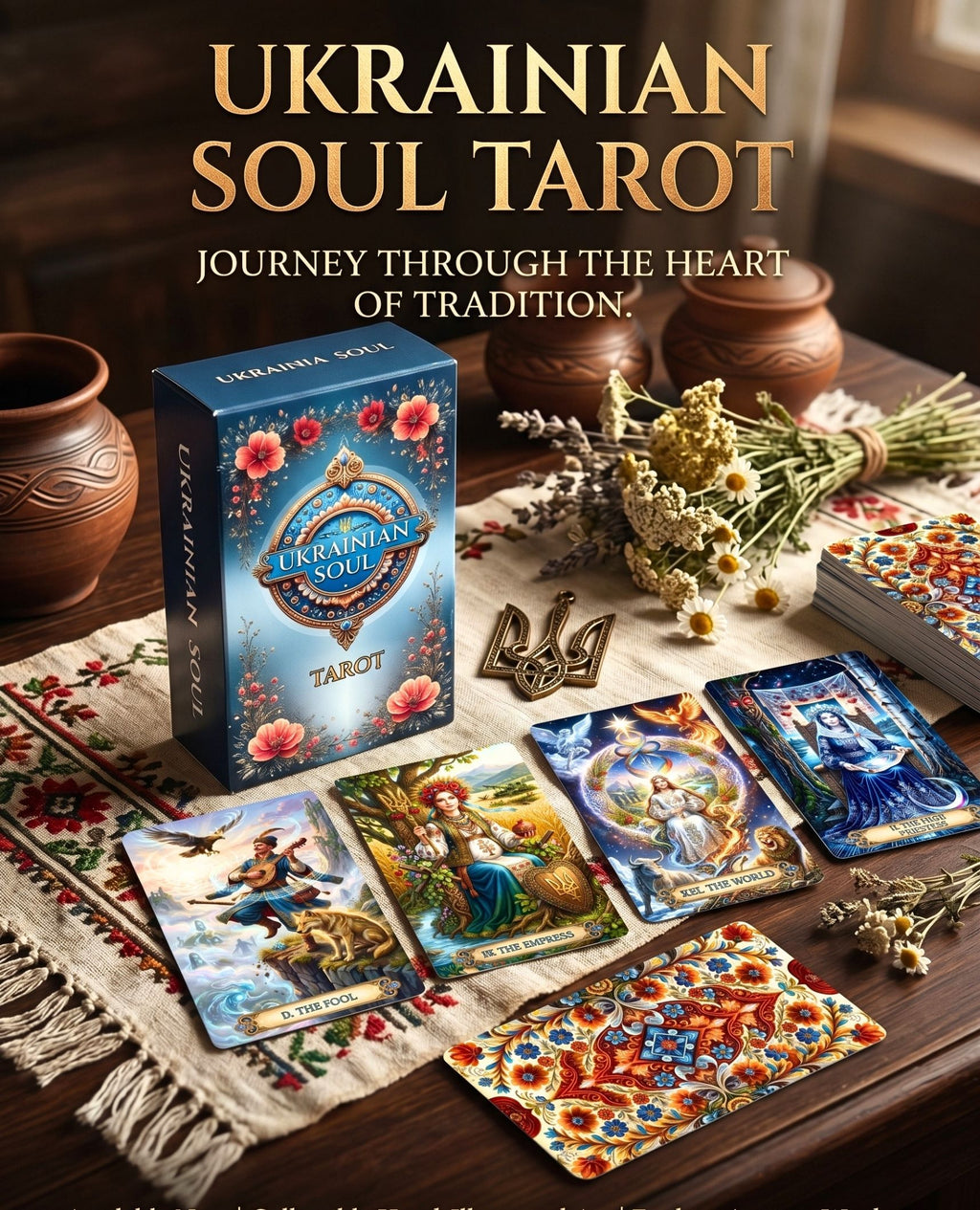 Ukrainian Soul Tarot box and cards The Fool, Empress, The World on embroidered runner with metal tryzub and dried herbs — MardocCraft