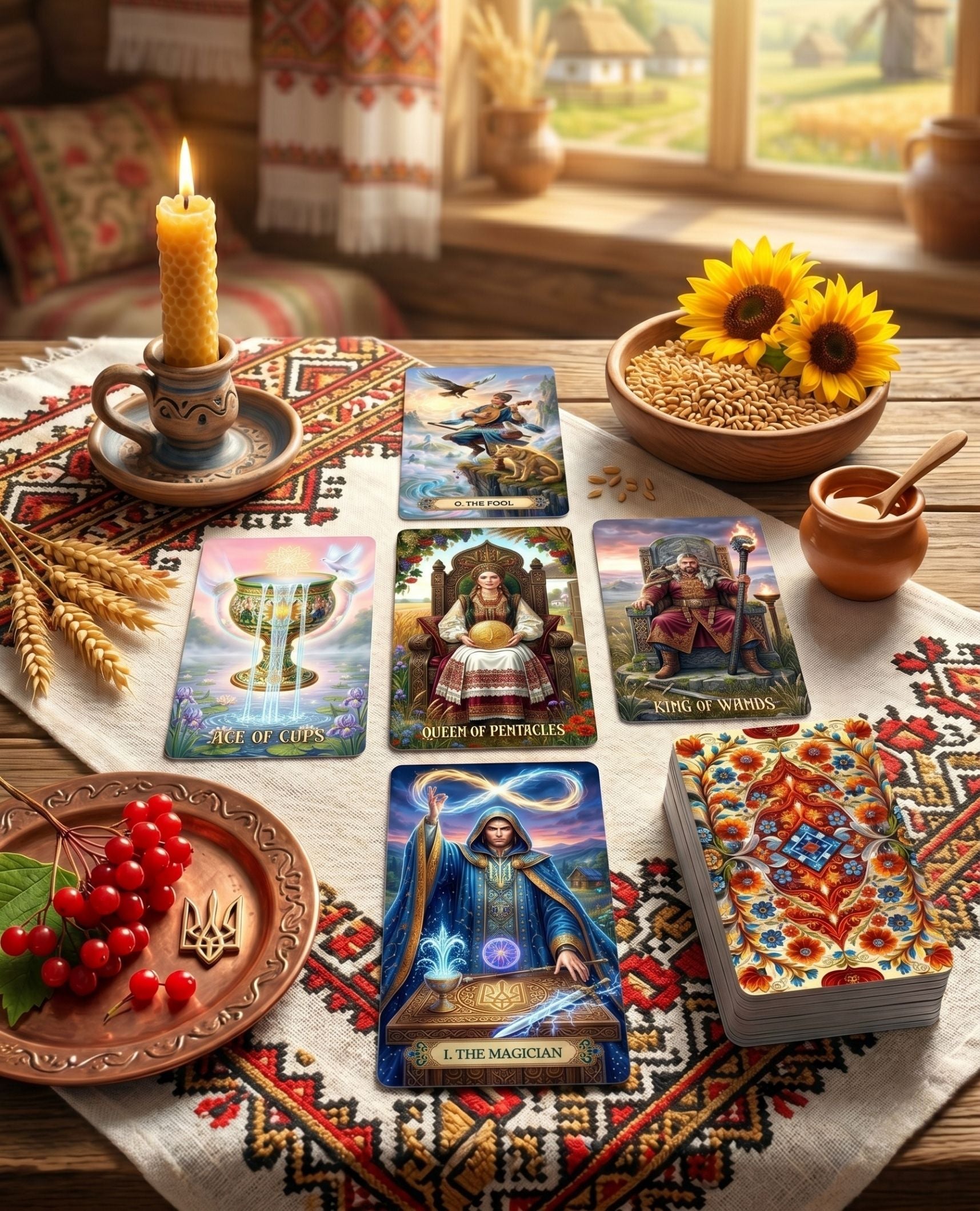 Ukrainian Soul Tarot The Fool, Ace of Cups, Queen of Pentacles, King of Wands, Magician on embroidered cloth with candle, sunflowers and viburnum — MardocCraft