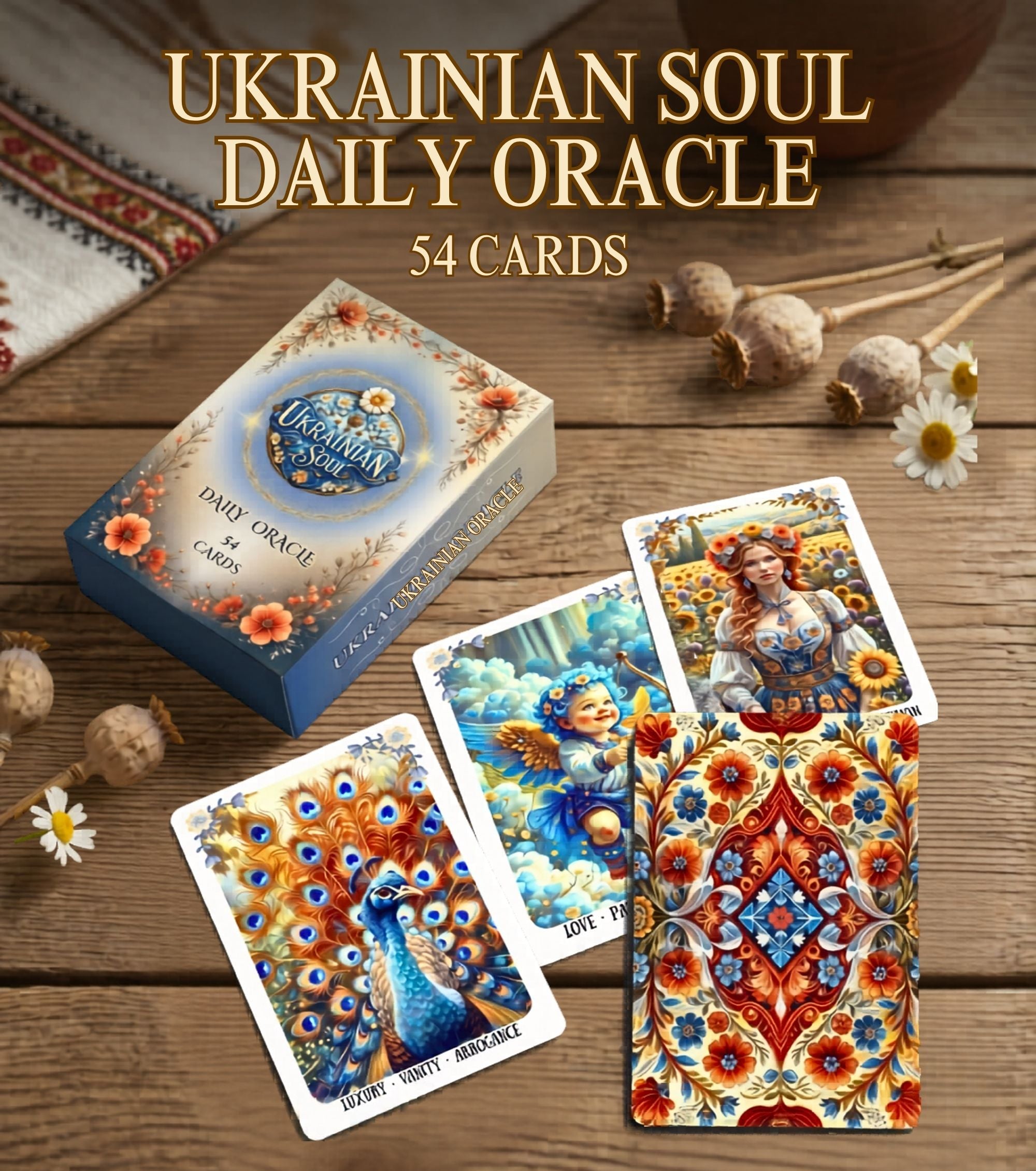 Product title card Ukrainian Soul Daily Oracle box with sample cards — 54 cards Slavic folk art MardocCraft