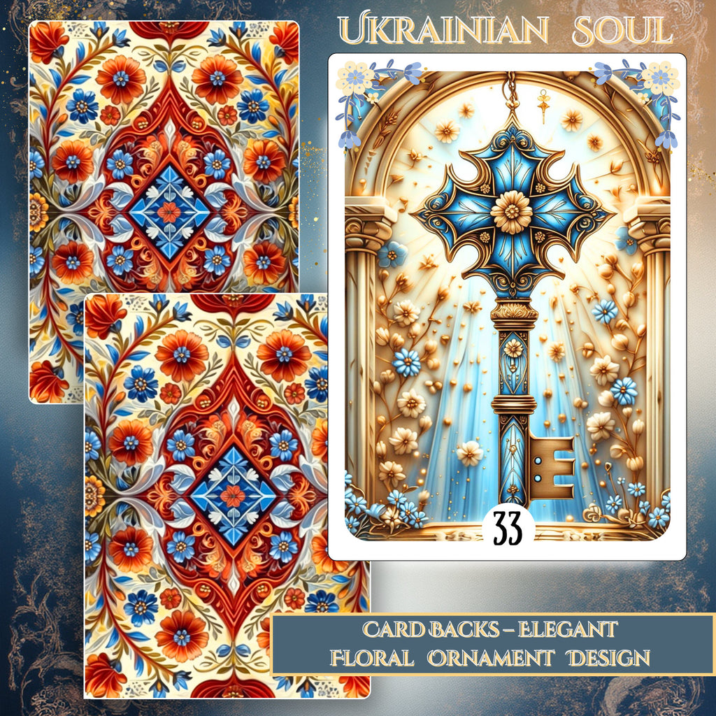 Ukrainian Soul Lenormand card backs with Ukrainian floral ornament design and Key card — handmade Slavic folk art deck, reversible botanical pattern, MardocCraft
