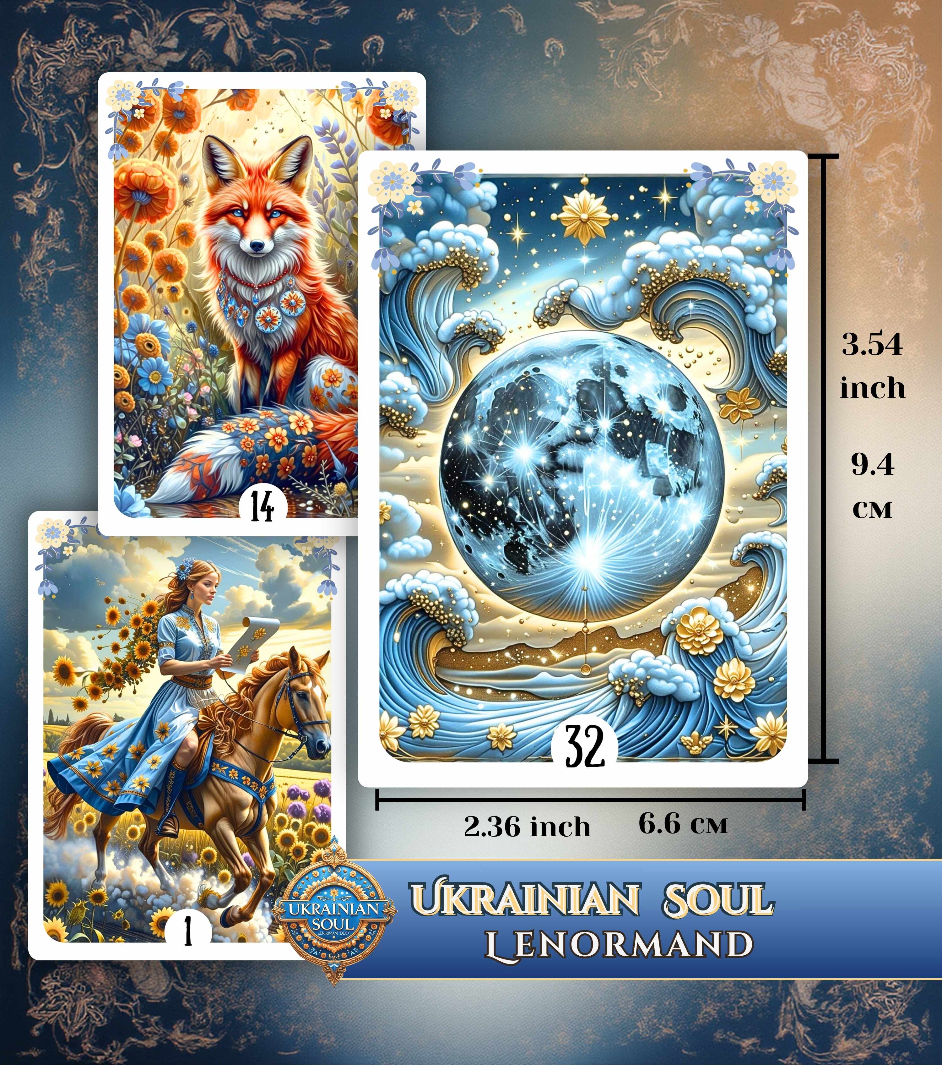 Ukrainian Soul Lenormand card size infographic — bridge size 94×66mm (3.54×2.36 inch), handmade Slavic folk art deck with Fox, Moon and Rider cards, MardocCraft