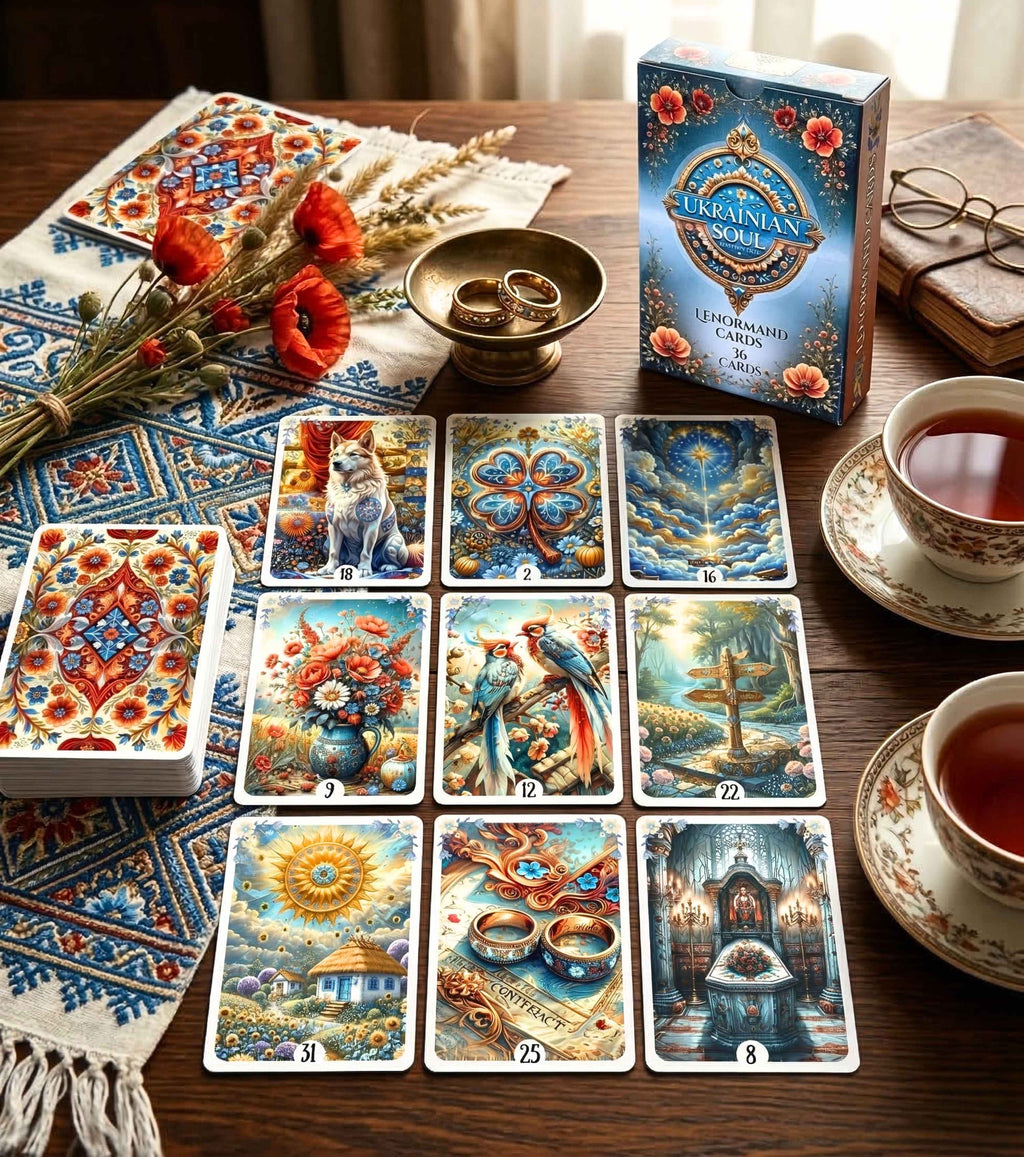 Ukrainian Soul Lenormand nine-card spread and deck box on embroidered folk tablecloth — handmade Slavic cartomancy with red poppies, wheat, tea and gold ring bowl, MardocCraft