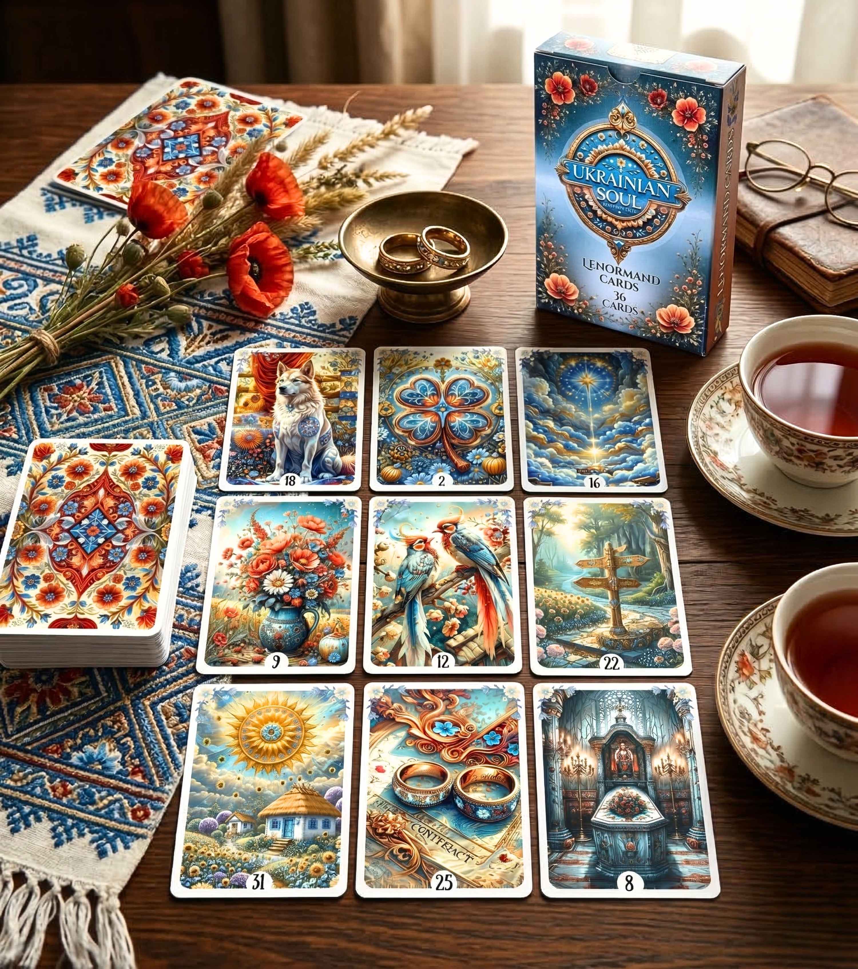 Ukrainian Soul Lenormand nine-card spread and deck box on embroidered folk tablecloth — handmade Slavic cartomancy with red poppies, wheat, tea and gold ring bowl, MardocCraft