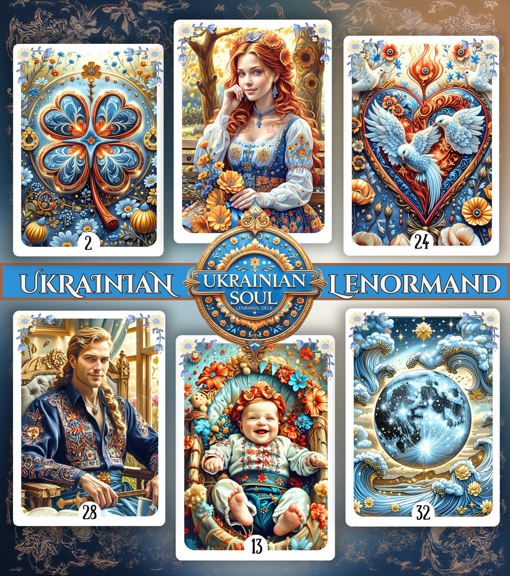 Ukrainian Soul Lenormand deck card collage — Clover, Woman, Heart, Man, Child and Moon cards with Slavic folk art botanical illustration, handmade in Ukraine, MardocCraft