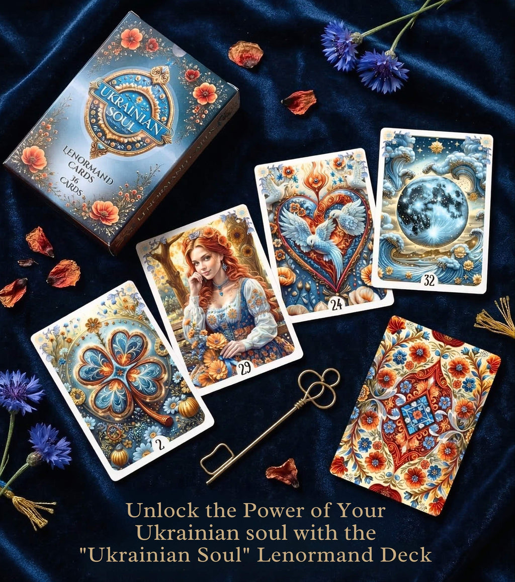 Ukrainian Soul Lenormand deck and cards spread on dark blue velvet — handmade Slavic folk art with vyshyvanka botanical design, MardocCraft