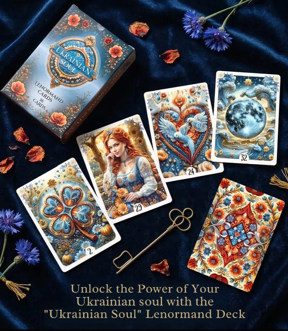 Ukrainian Soul Lenormand deck and cards spread on dark blue velvet — handmade Slavic folk art with vyshyvanka botanical design, MardocCraft