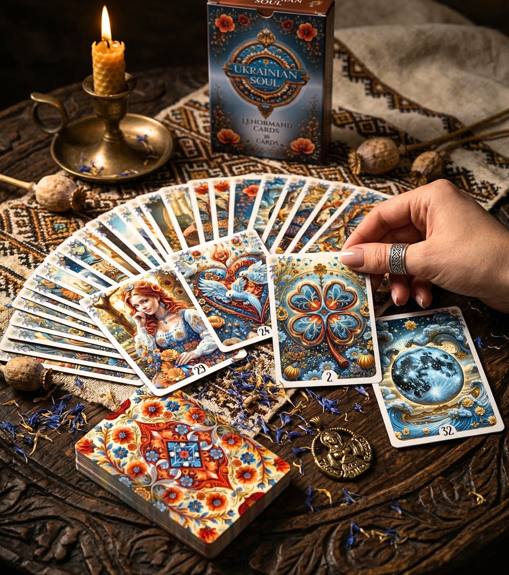 Hand picking Clover card from full 36-card fan of Ukrainian Soul Lenormand deck — handmade Slavic folk art cartomancy on embroidered runner with cornflowers and poppy heads, MardocCraft