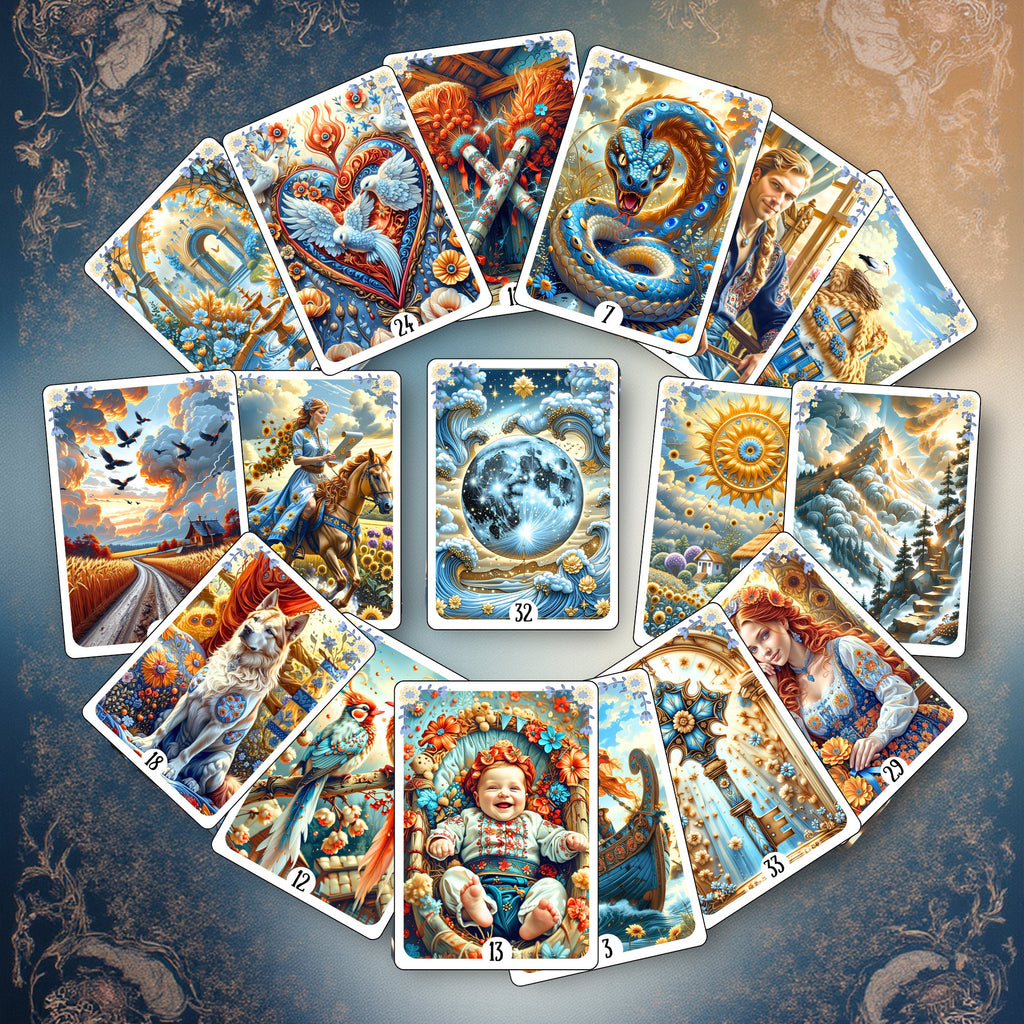 Ukrainian Soul Lenormand cards in circular spread with Moon at center — handmade Slavic folk art cartomancy deck showing Heart, Snake, Sun, Lady and Child cards, MardocCraft