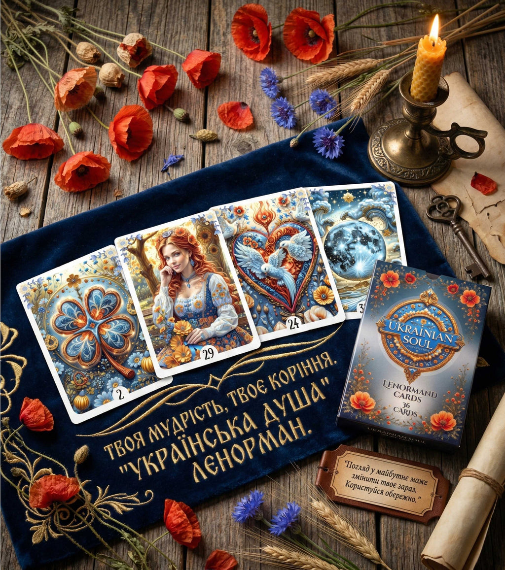 Ukrainian Soul Lenormand deck and box on blue velvet with cards spread — handmade Slavic folk art cartomancy with red poppies, cornflowers, wheat and brass candle holder, MardocCraft