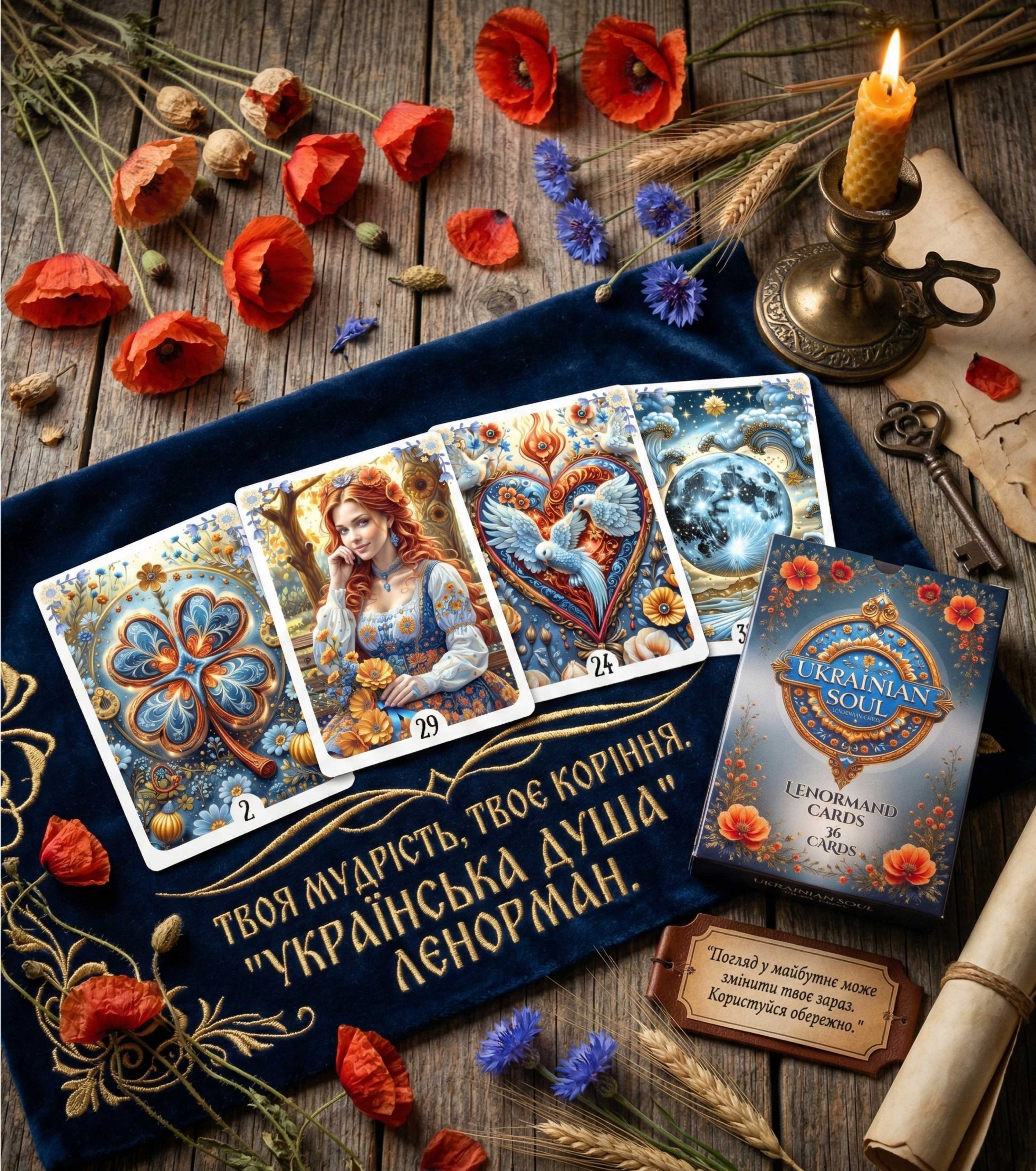 Ukrainian Soul Lenormand deck and box on blue velvet with cards spread — handmade Slavic folk art cartomancy with red poppies, cornflowers, wheat and brass candle holder, MardocCraft