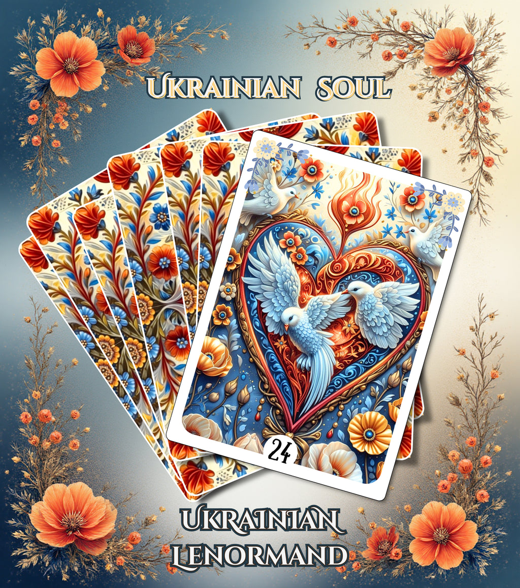 Ukrainian Soul Lenormand fan spread with Heart card — handmade Slavic folk art deck with poppy floral botanical illustration, Ukrainian folk motifs, MardocCraft