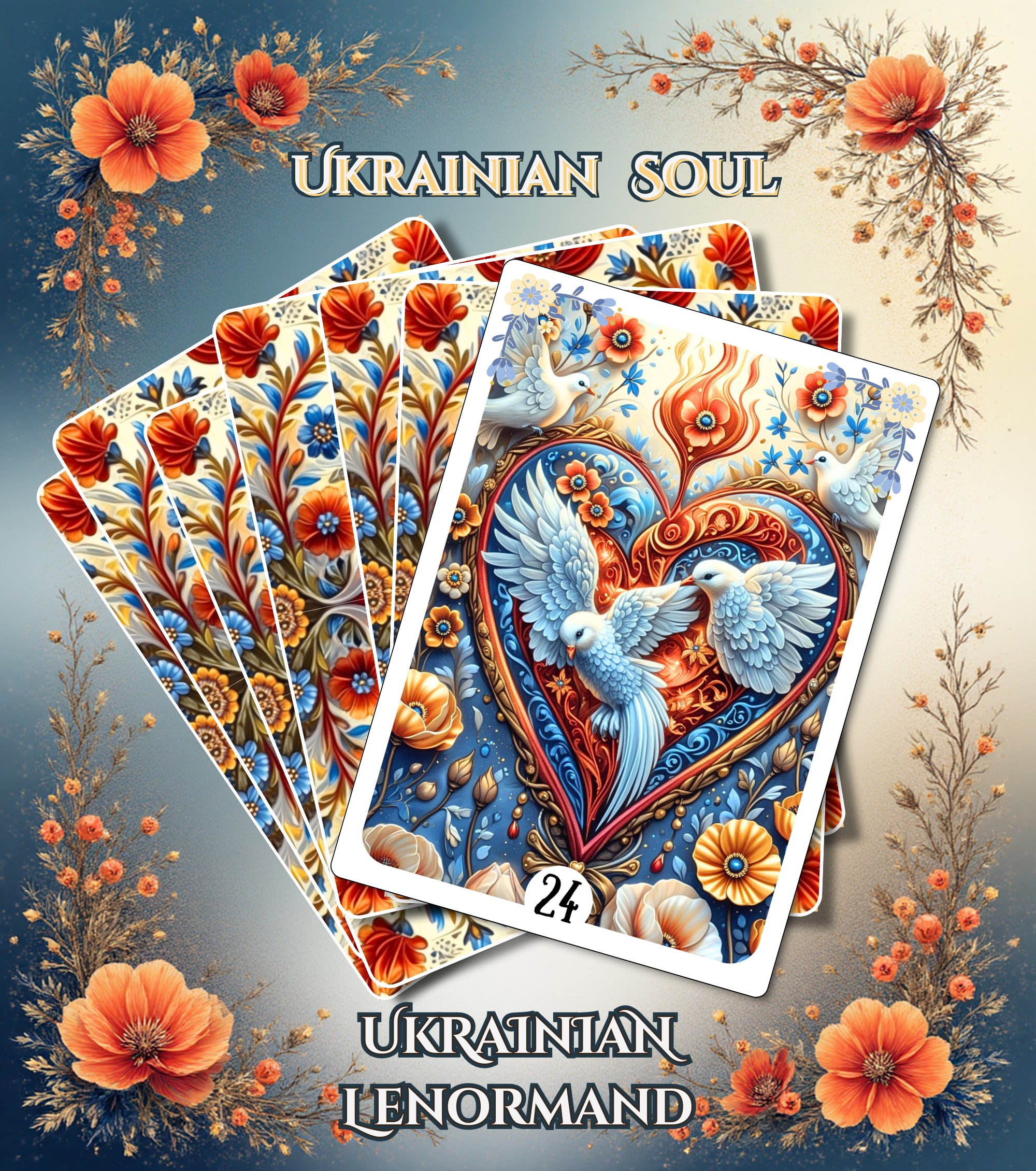 Ukrainian Soul Lenormand fan spread with Heart card — handmade Slavic folk art deck with poppy floral botanical illustration, Ukrainian folk motifs, MardocCraft