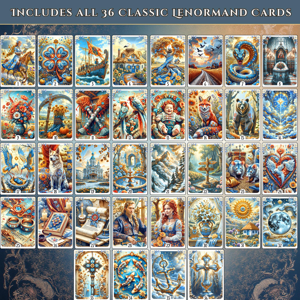 All 36 classic Lenormand cards of Ukrainian Soul deck — complete handmade Slavic folk art cartomancy set with Ukrainian botanical illustration, Grand Tableau ready, MardocCraft