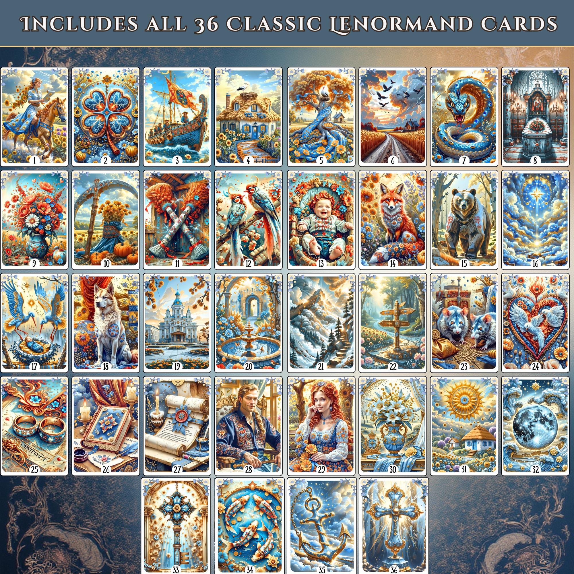 All 36 classic Lenormand cards of Ukrainian Soul deck — complete handmade Slavic folk art cartomancy set with Ukrainian botanical illustration, Grand Tableau ready, MardocCraft