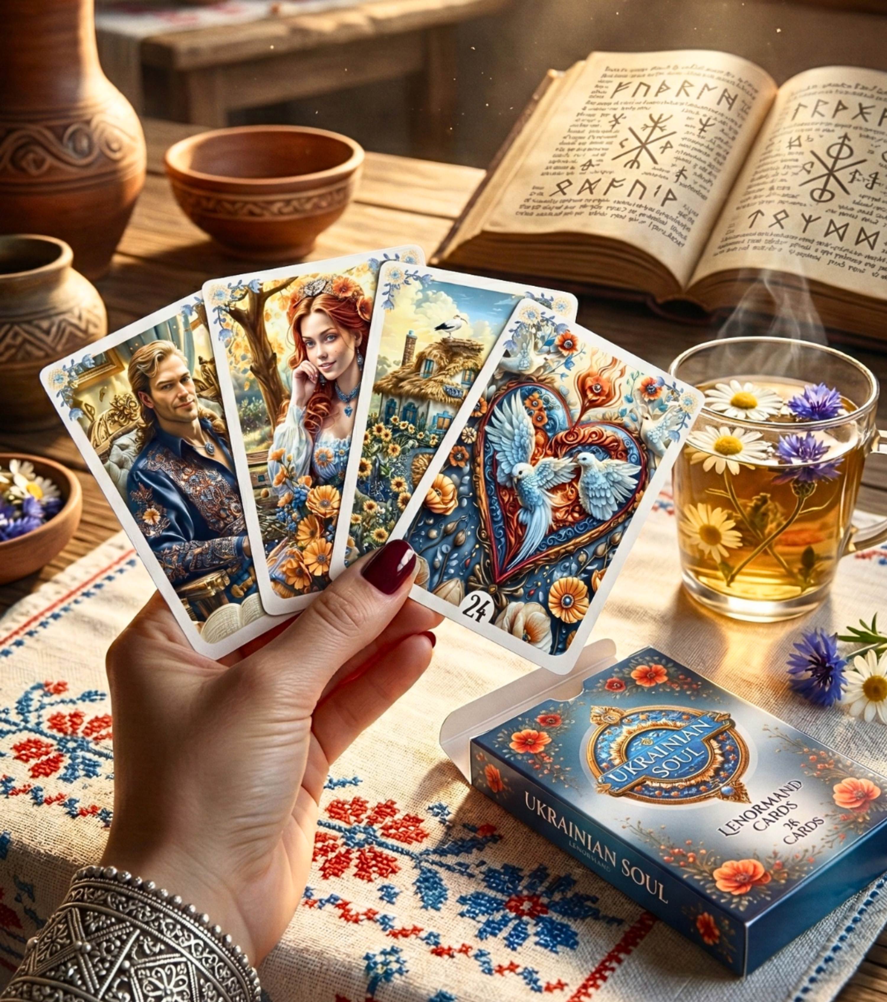 Hand holding Ukrainian Soul Lenormand cards and box on embroidered folk tablecloth — handmade Slavic folk art deck with herbal tea, cornflowers and ancient rune book, MardocCraft
