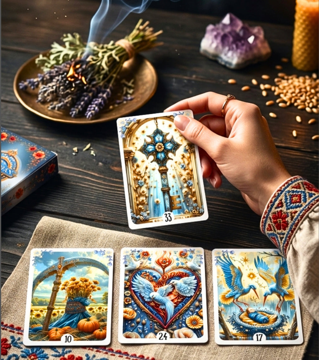 Hand in Ukrainian embroidered sleeve holding Key card from Ukrainian Soul Lenormand deck — handmade Slavic folk art cartomancy spread with lavender, amethyst and crystals, MardocCraft