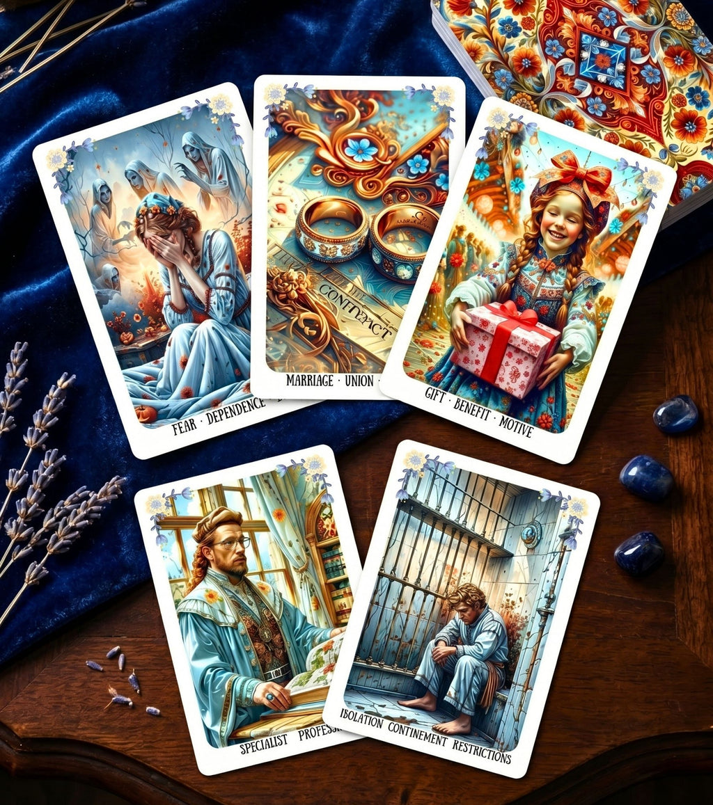 Five cards close-up Ukrainian Soul Oracle — illustrated Slavic folk art oracle reading lavender crystals MardocCraft